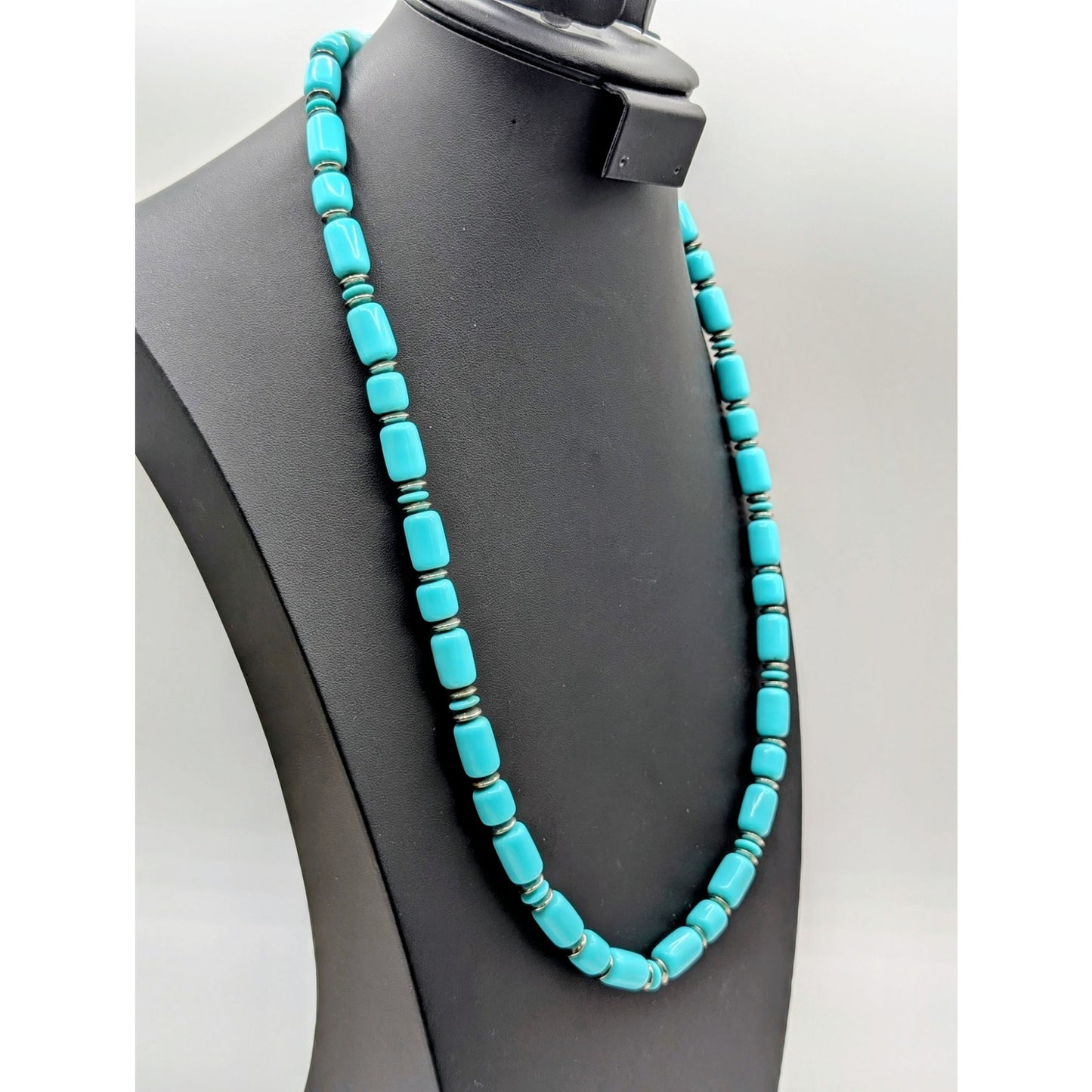 Vintage Bohemian Lucite Blue Barrel & Silver Tone Beaded  Approx. 28" Necklace