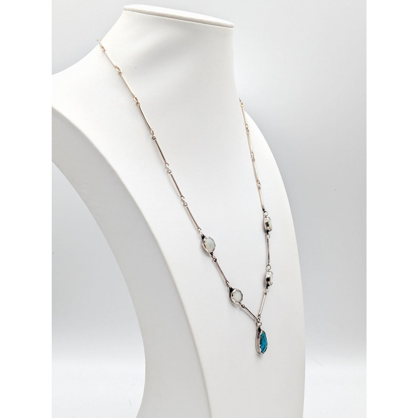 Vtg Sterling Signed Hand Set Turquoise & Mother of Pearl Bar Chain Drop Necklace