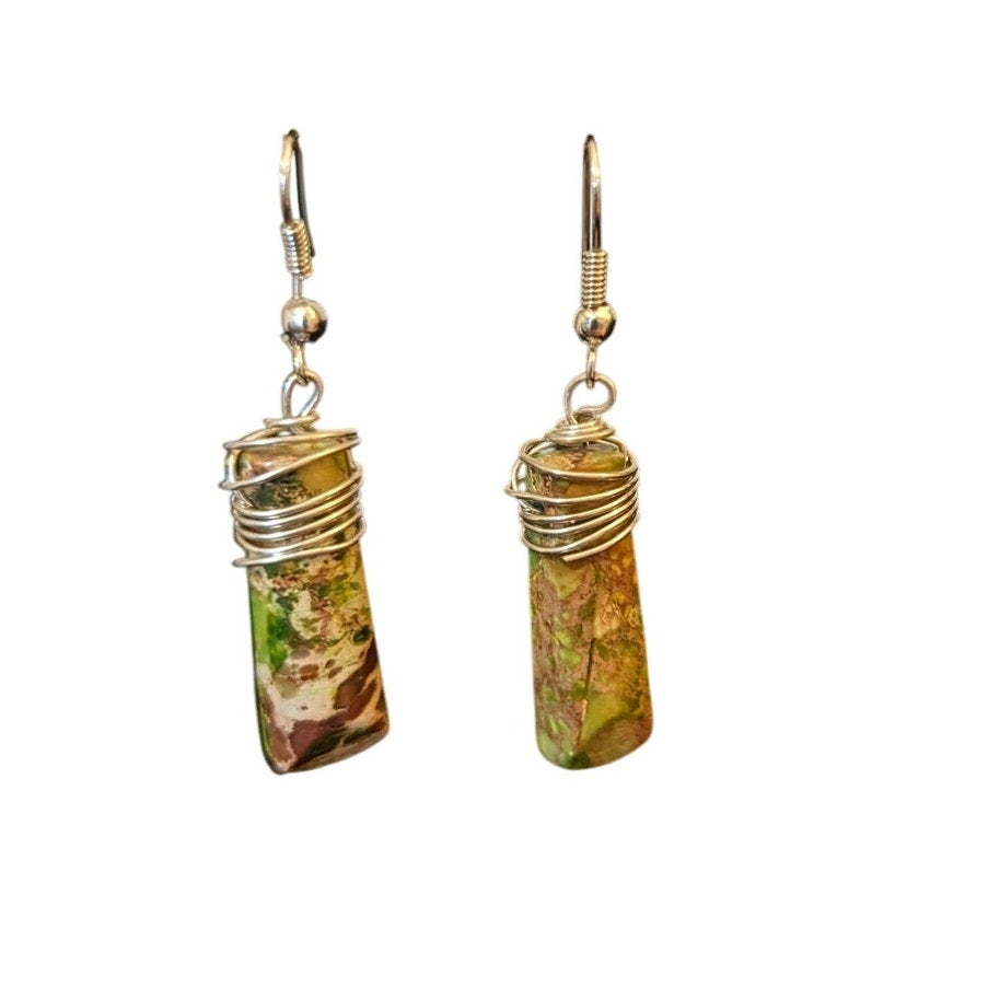 Hand Crafted Green/Brown Wire Wrapped Jasper Stone French Wire Earrings