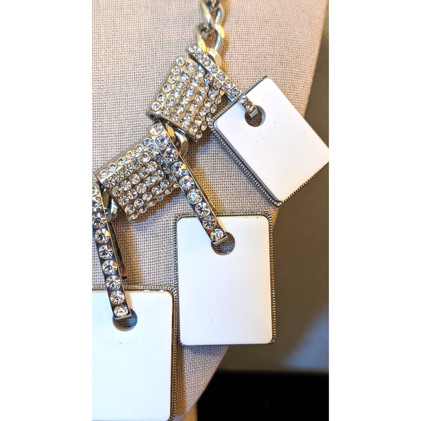 Traci Lynn Rhinestone White Tile  Silver Tone Chunky Chain Statement Necklace
