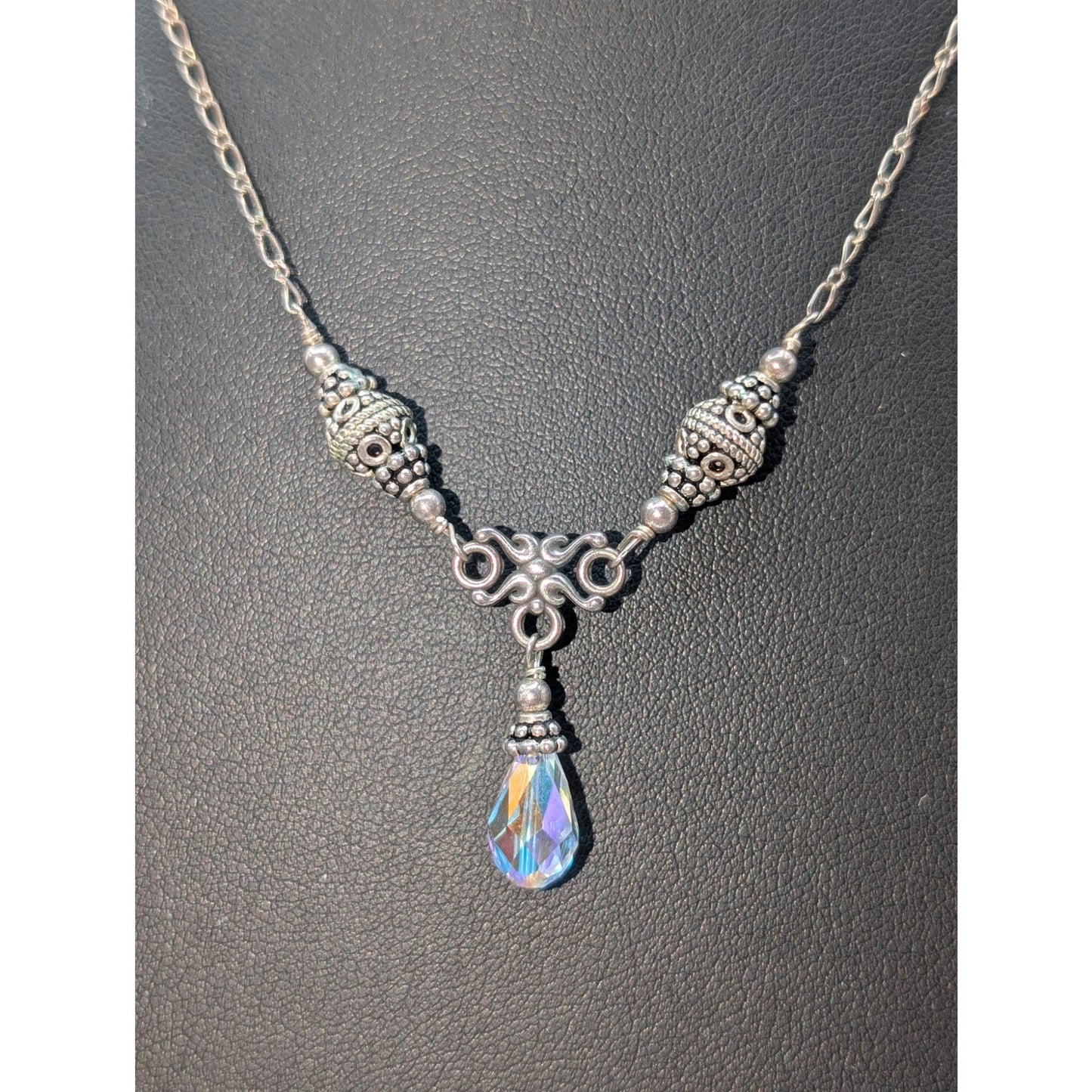 Vintage 925 Sterling Silver Beaded Chain Y Drop AB Crystal Teardrop Necklace