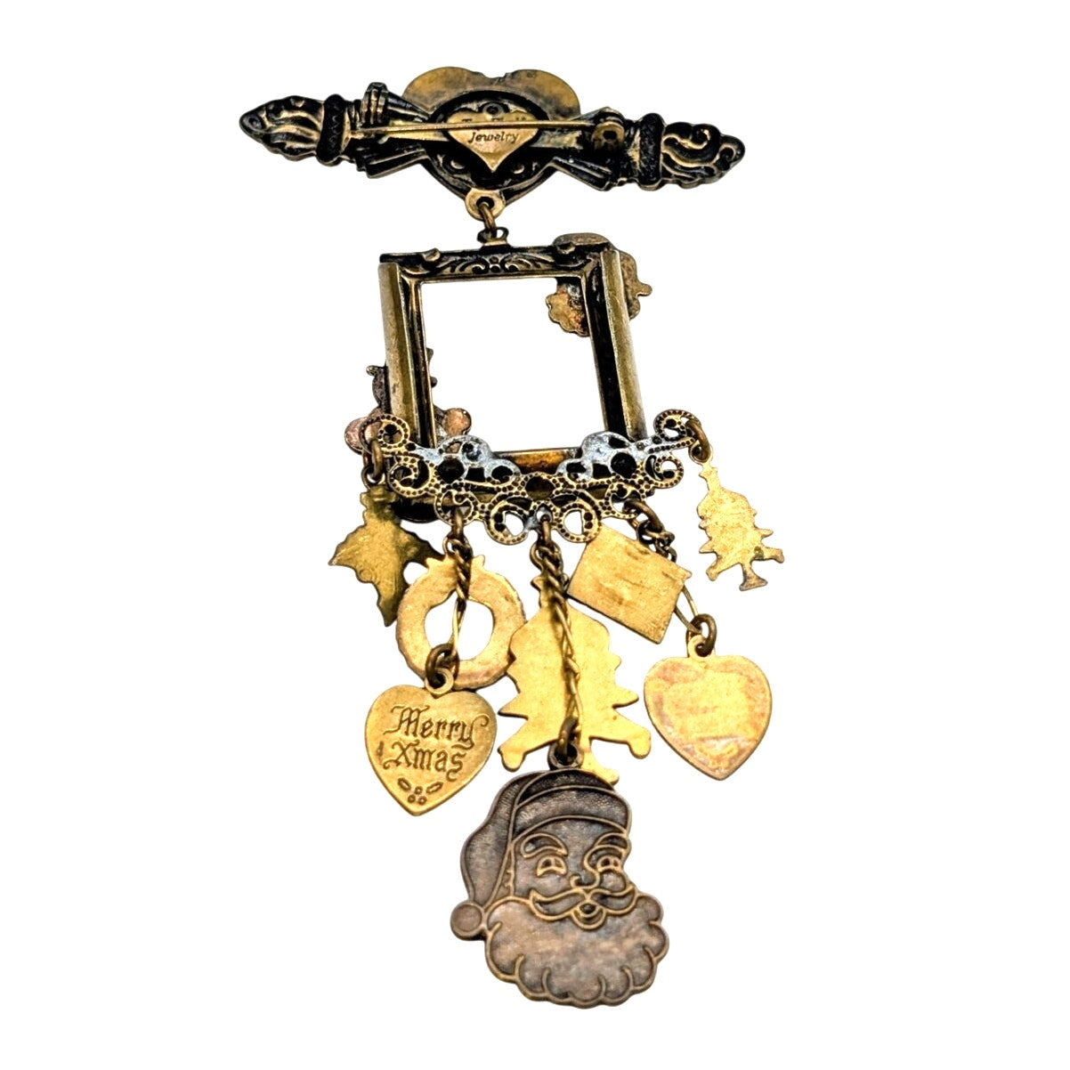 Top Shelf Bronze Tone Christmas Photo Dangling Charm Brooch