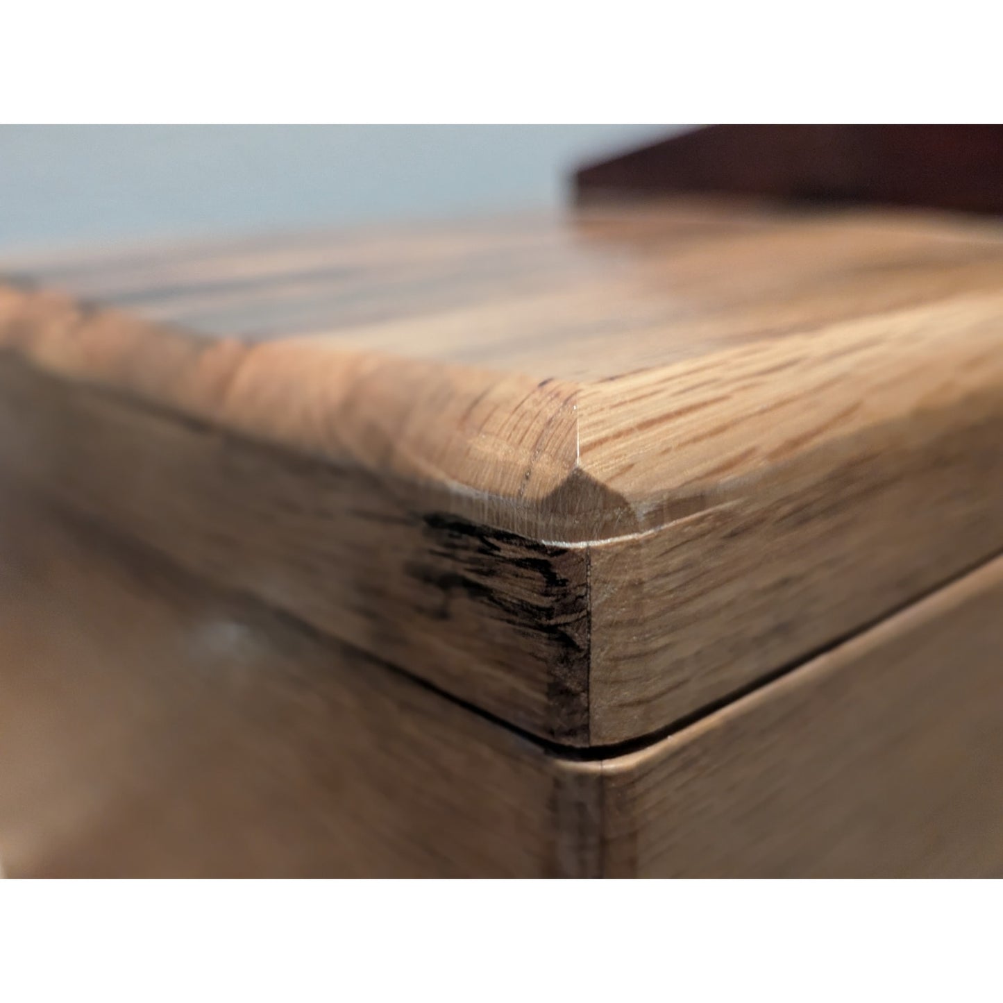 Hand Crafted Hinged Oak Box W/ Purple Heart Wood Handle Approximately 8" X 13.5"