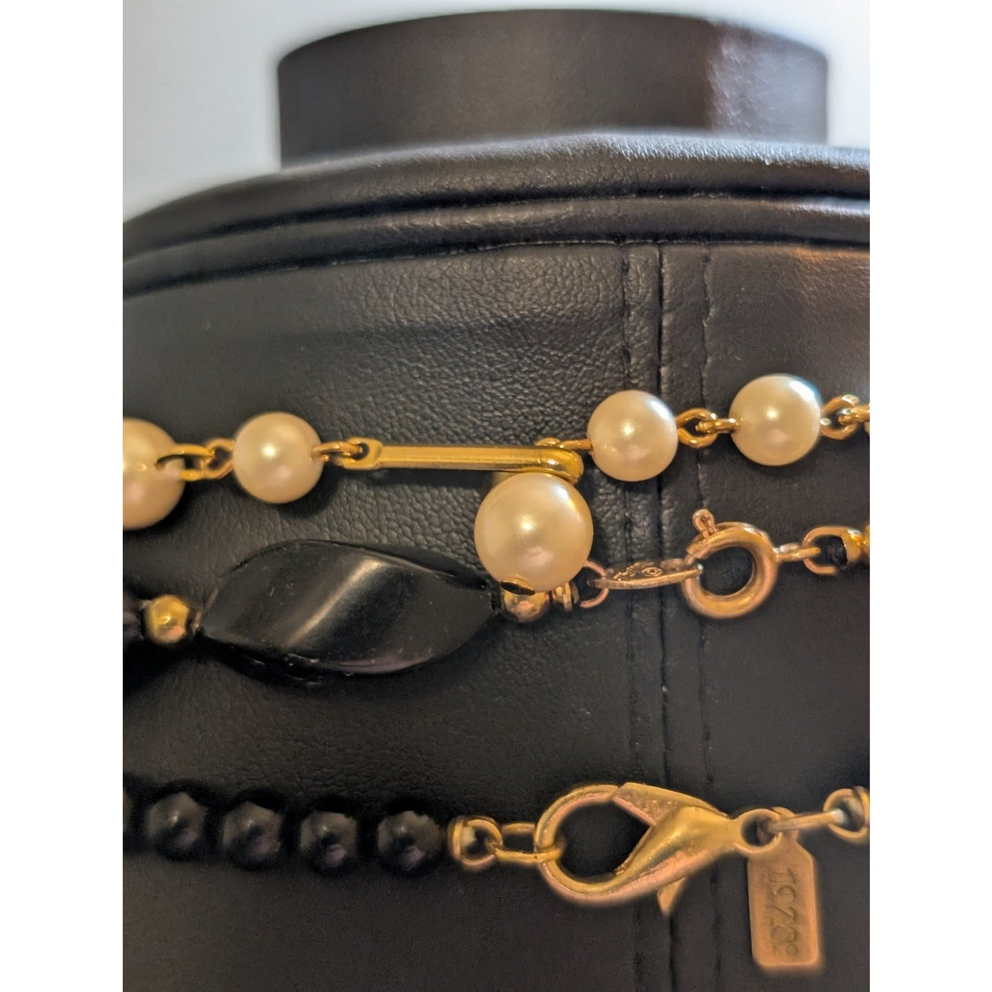 Lot of Three Cream Black Gold Layering Necklaces