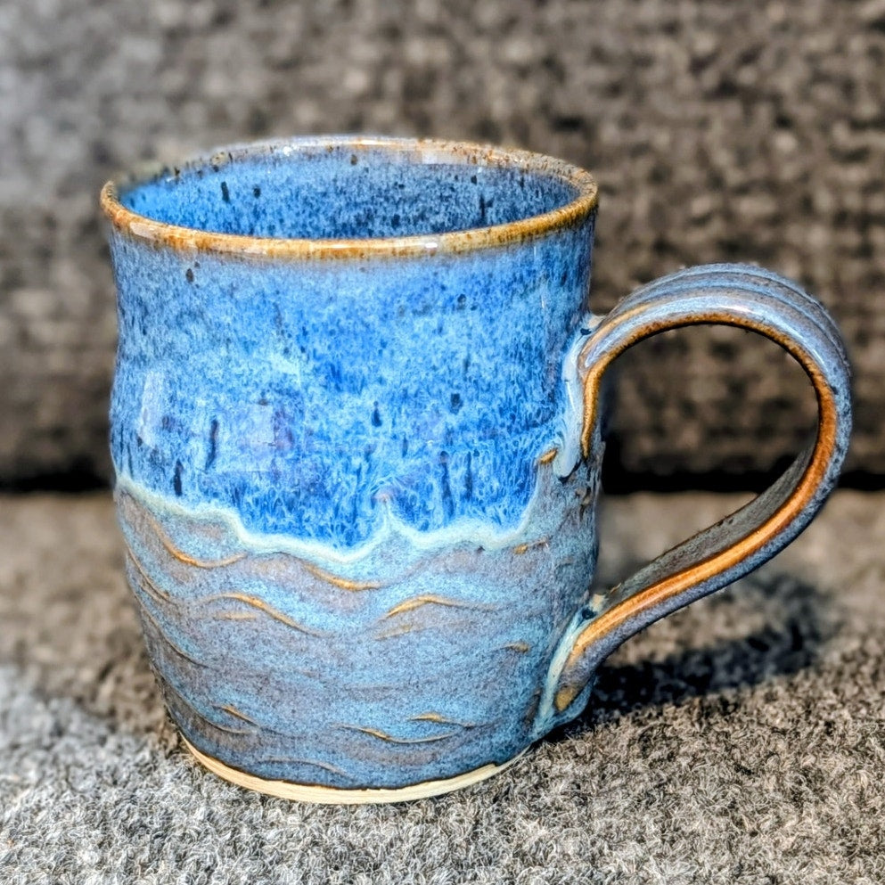 Signed Blue Waves Hand Thrown Pottery Coffee Mug