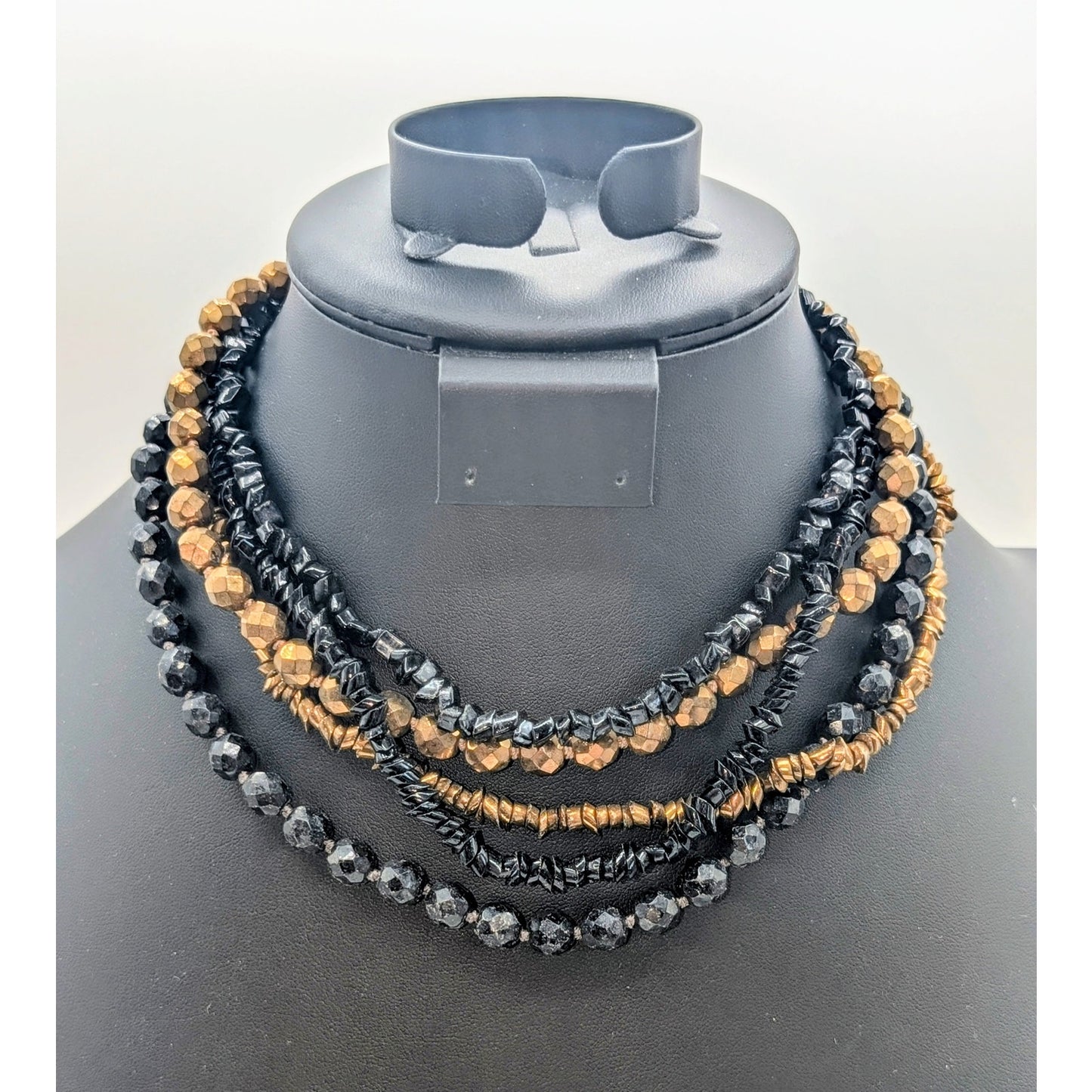 Vintage Vogue Five Strand Bronze Metallic Black Glass Multi-Bead 15.5" Necklace
