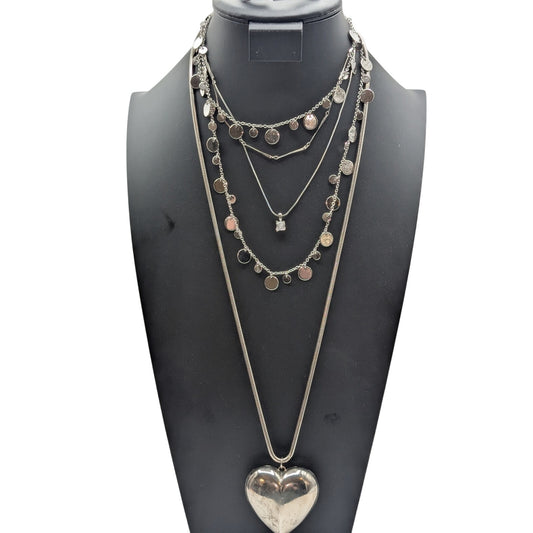 Lot of 4 Silver Tone Necklaces-Heart Pendant Disk Dangles Solitaire & Bar Chain