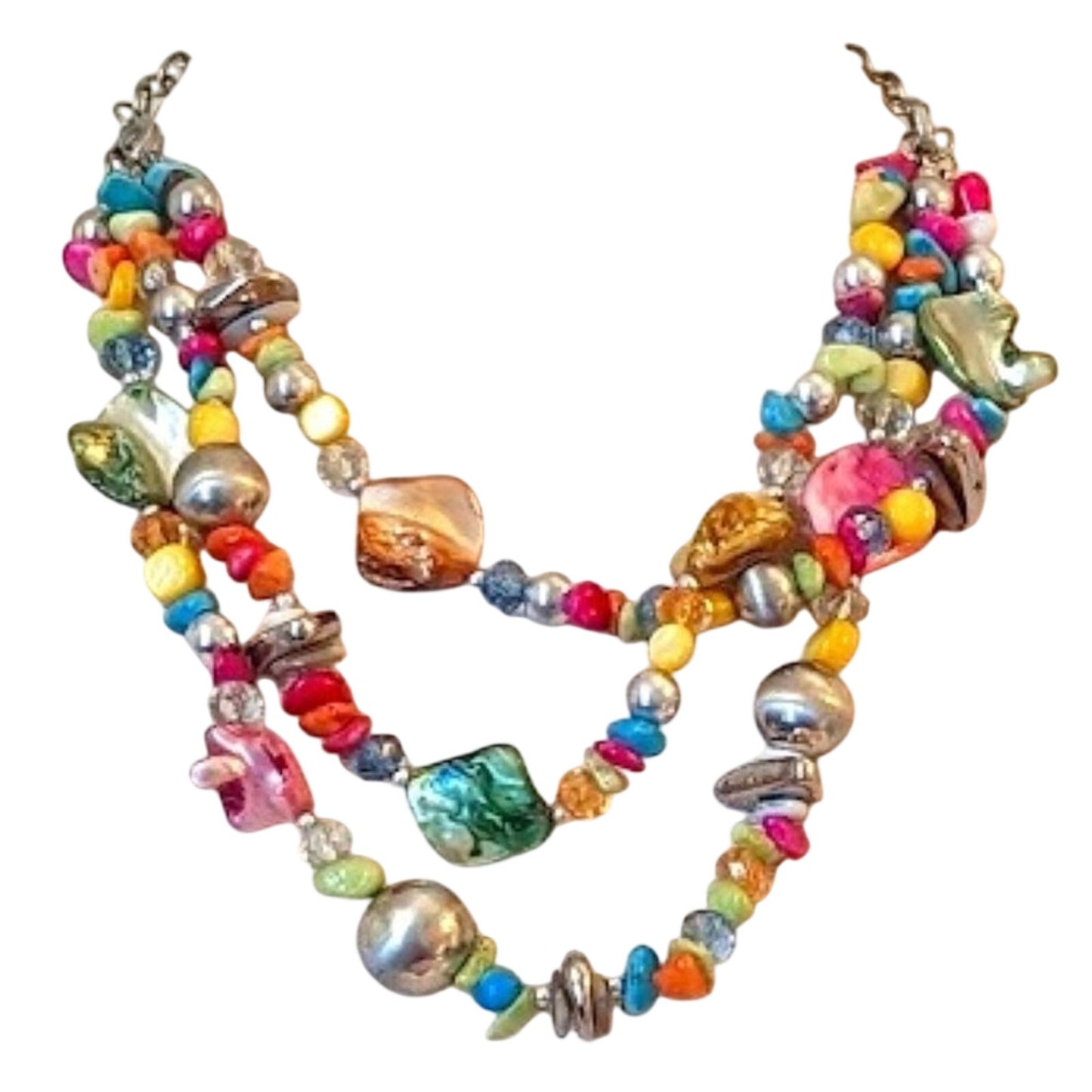 Rainbow Colored Shell and Stone Chip Beaded Silver Tone Necklace