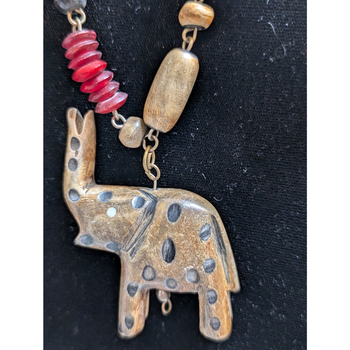 Vintage Tribal Carved Wood Elephant & Wood Bead 40" Necklace