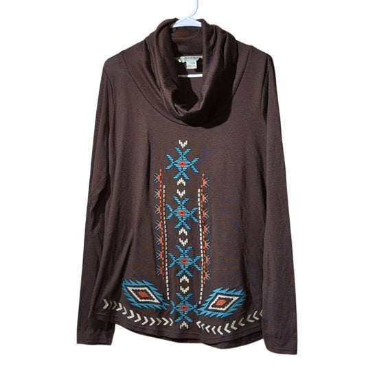 Roper Brown Cowl Neck Aztec Southwest Embroidered Long Sleeve Top Women's Size L