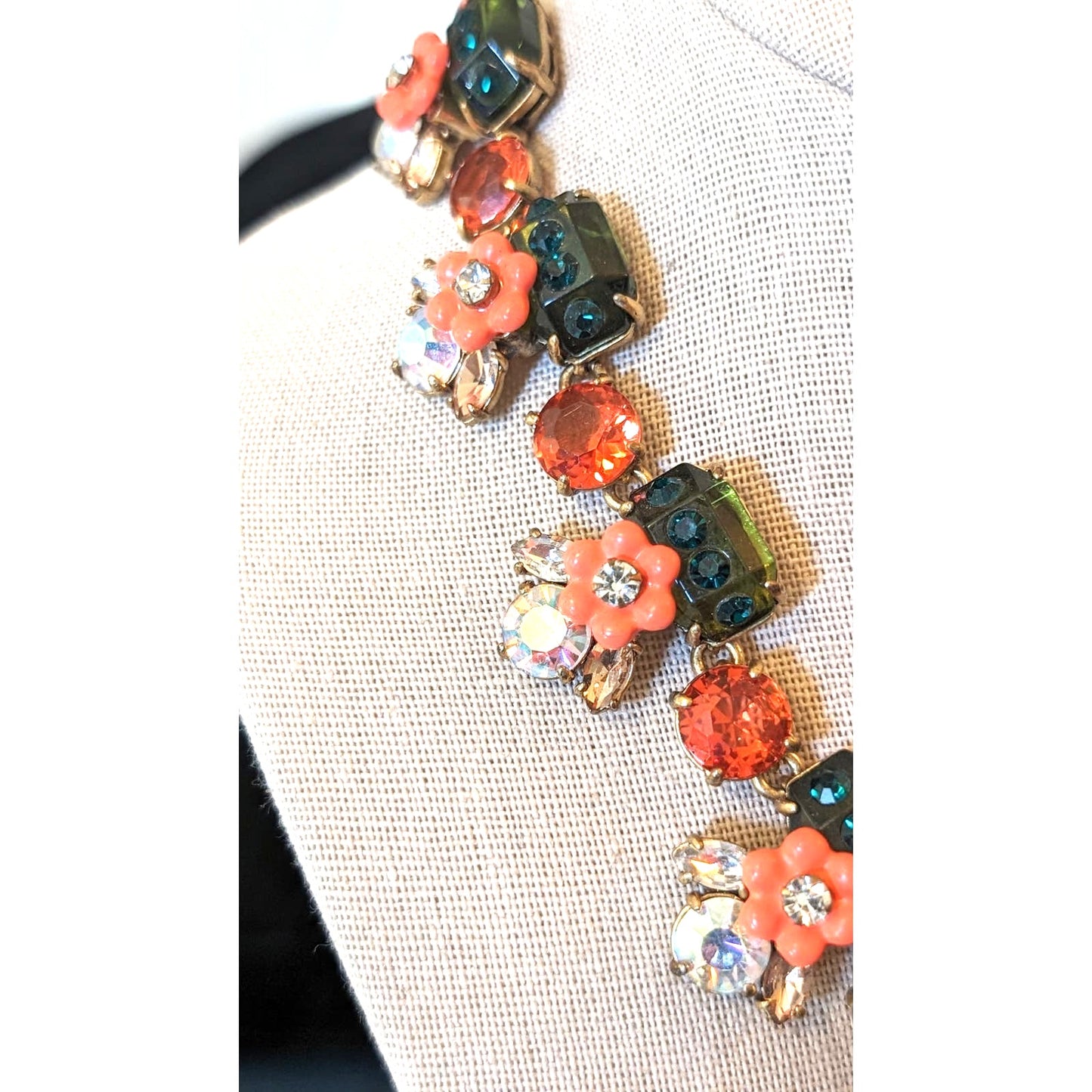 J. Crew Floral Orange Green Jewel Statement Necklace