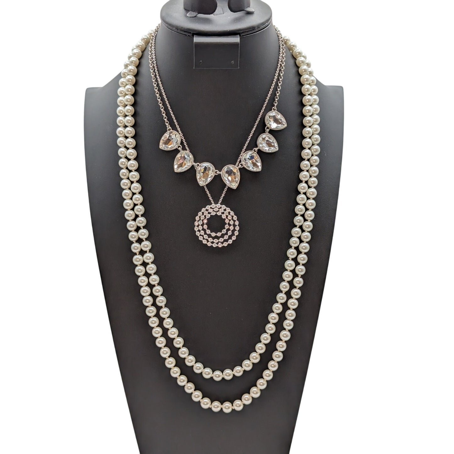 Lot of Three Faux Pearl Rhinestone Silver Tone Necklaces To Layer or Wear Alone