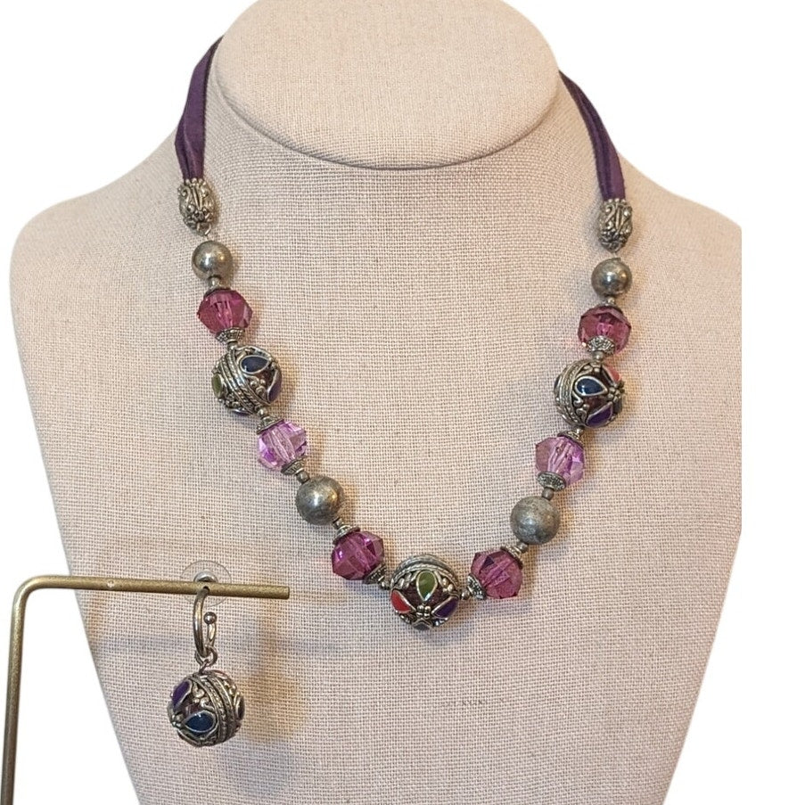 Purple Leather Corded Silvertone Enamel Fuschia Beaded Necklace & 1 Earring