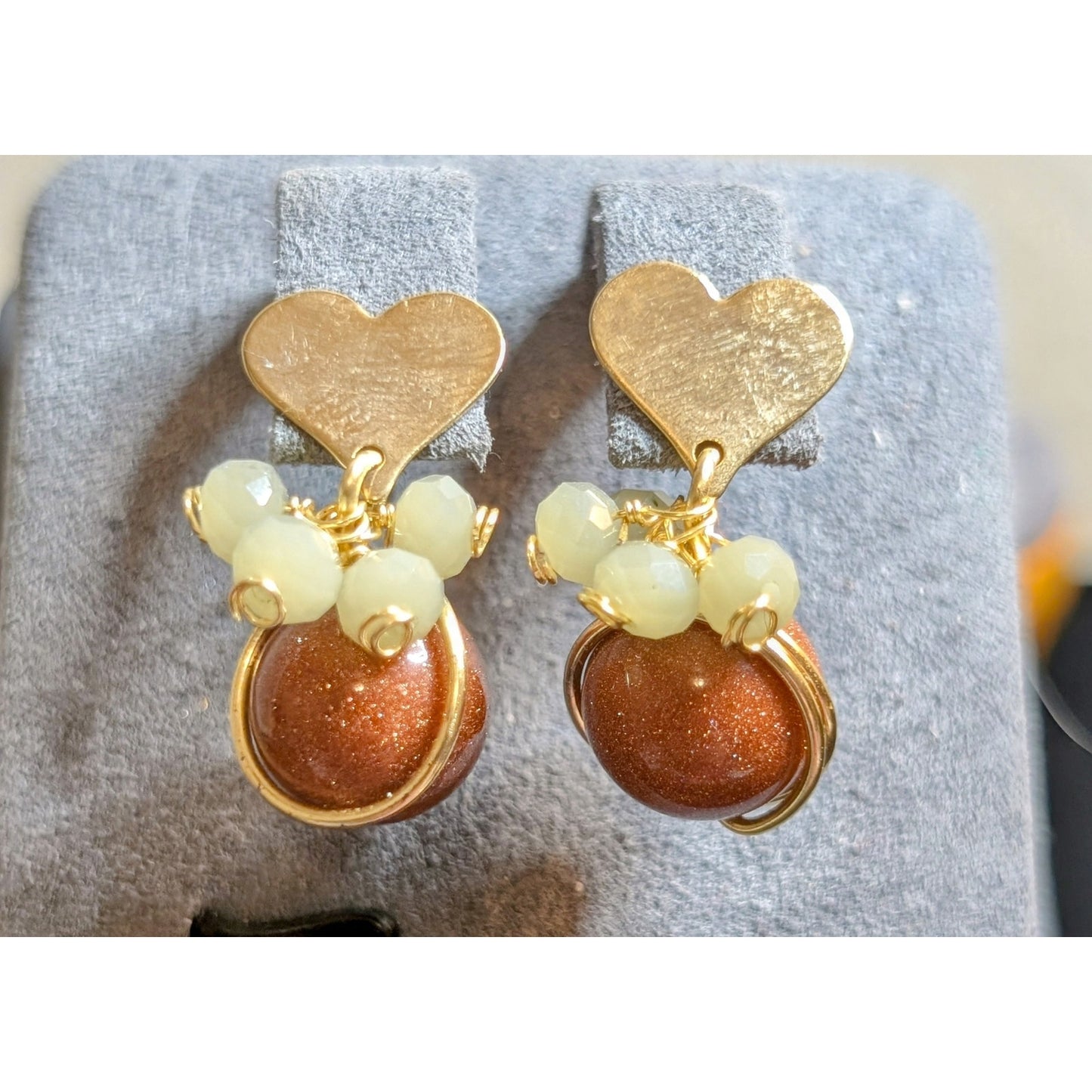 Gold Tone Heart Faux Gold Stone Beaded Post Dangle Earrings