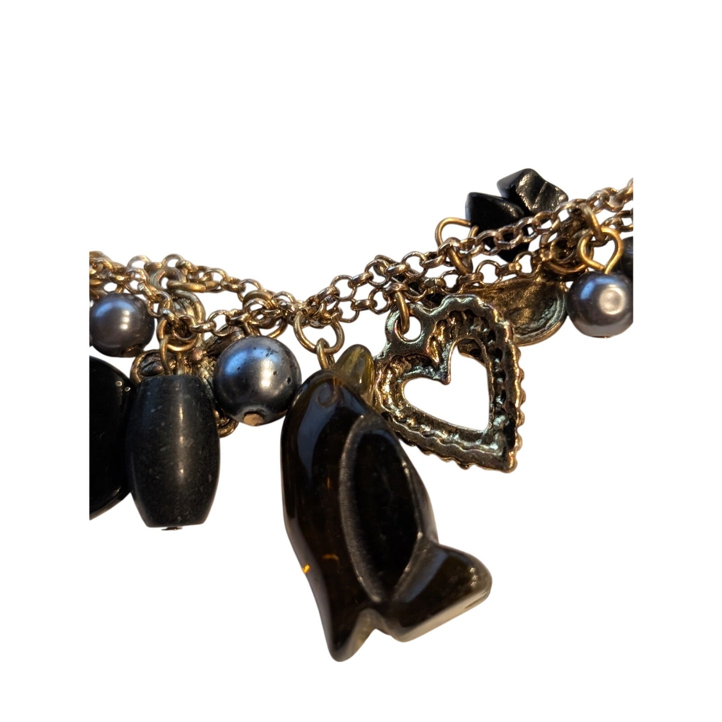 Vintage Antique Gold Tone Carved Glass Animal Gray Pearl Charm Toggle Bracelet