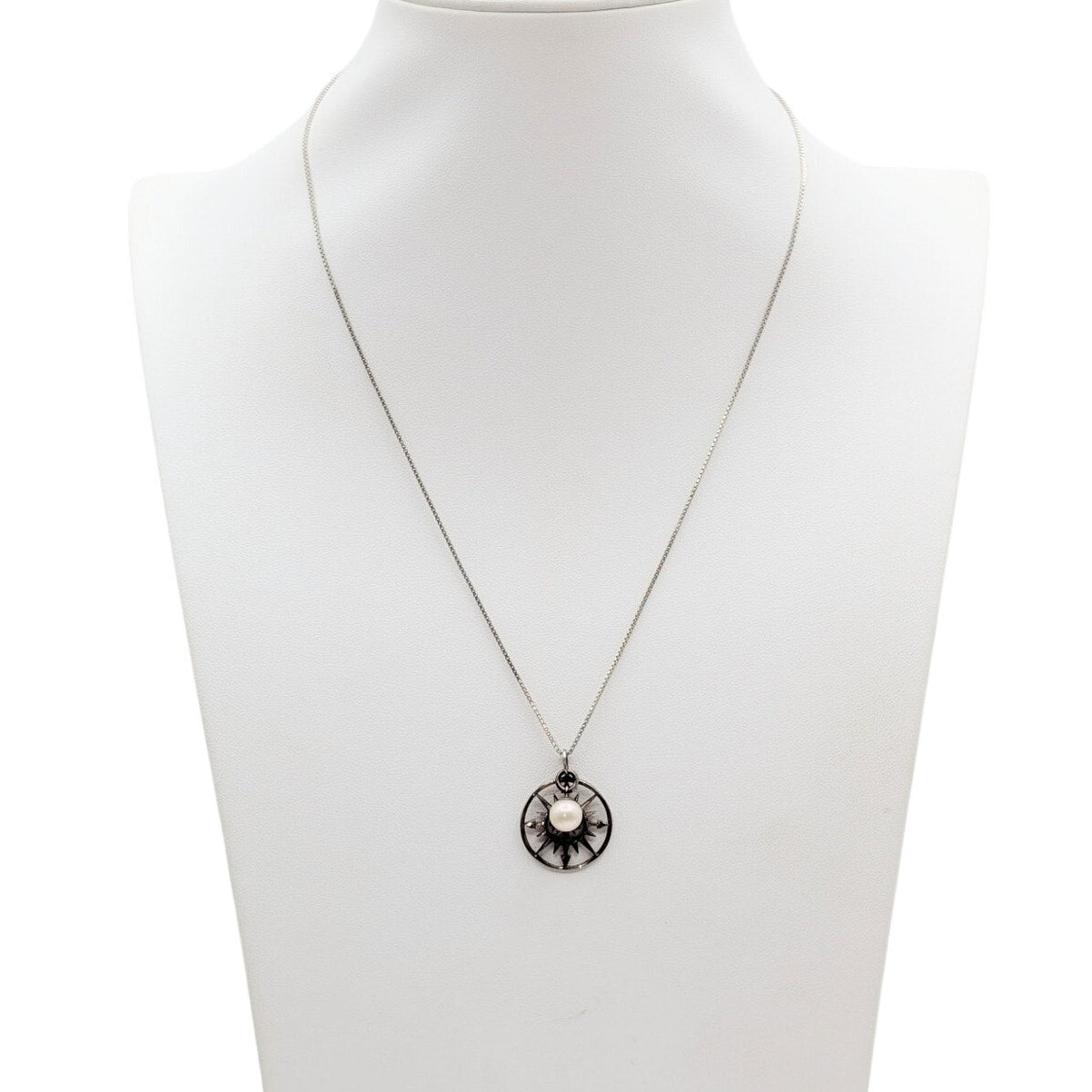 Vintage 925 Sterling Silver Compass Rose & Pearl Charms Box Chain 18.5" Necklace