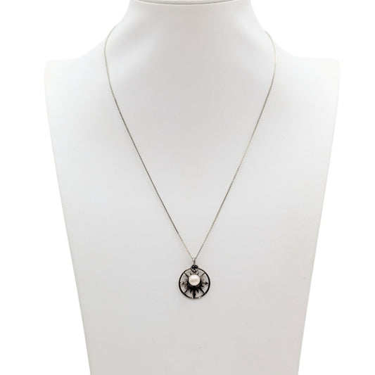 Vintage 925 Sterling Silver Compass Rose & Pearl Charms Box Chain 18.5" Necklace