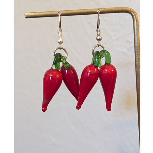 Red Hot Chili Pepper Glass Dangle Wire Earrings