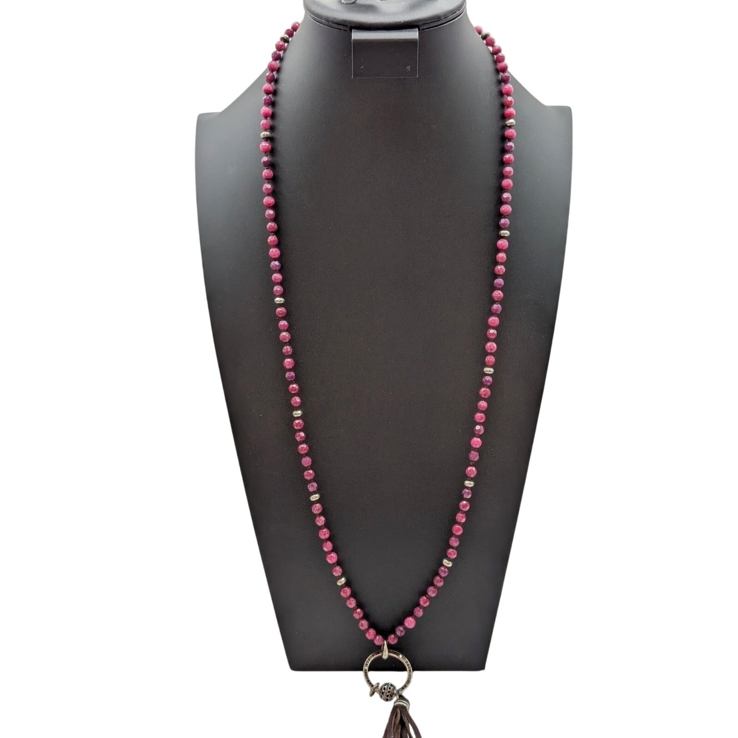 Lucky Brand Boho Wine Crystal Rhinestone Leather Tassel 34"-35.5" Necklace