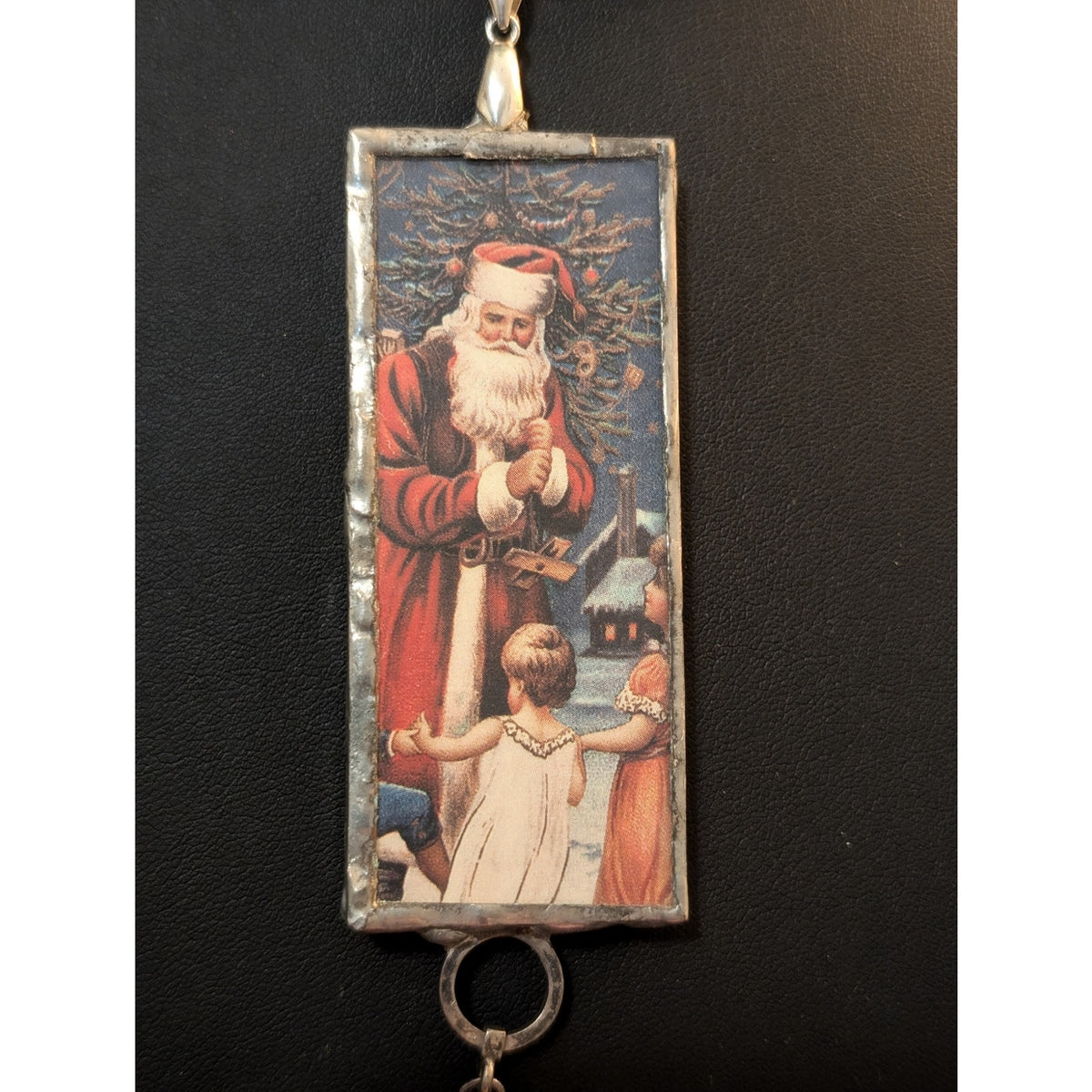 Vtg Christmas c1910 Postcard Jack O Lantern Two-Sided Soldered Pendant Necklace