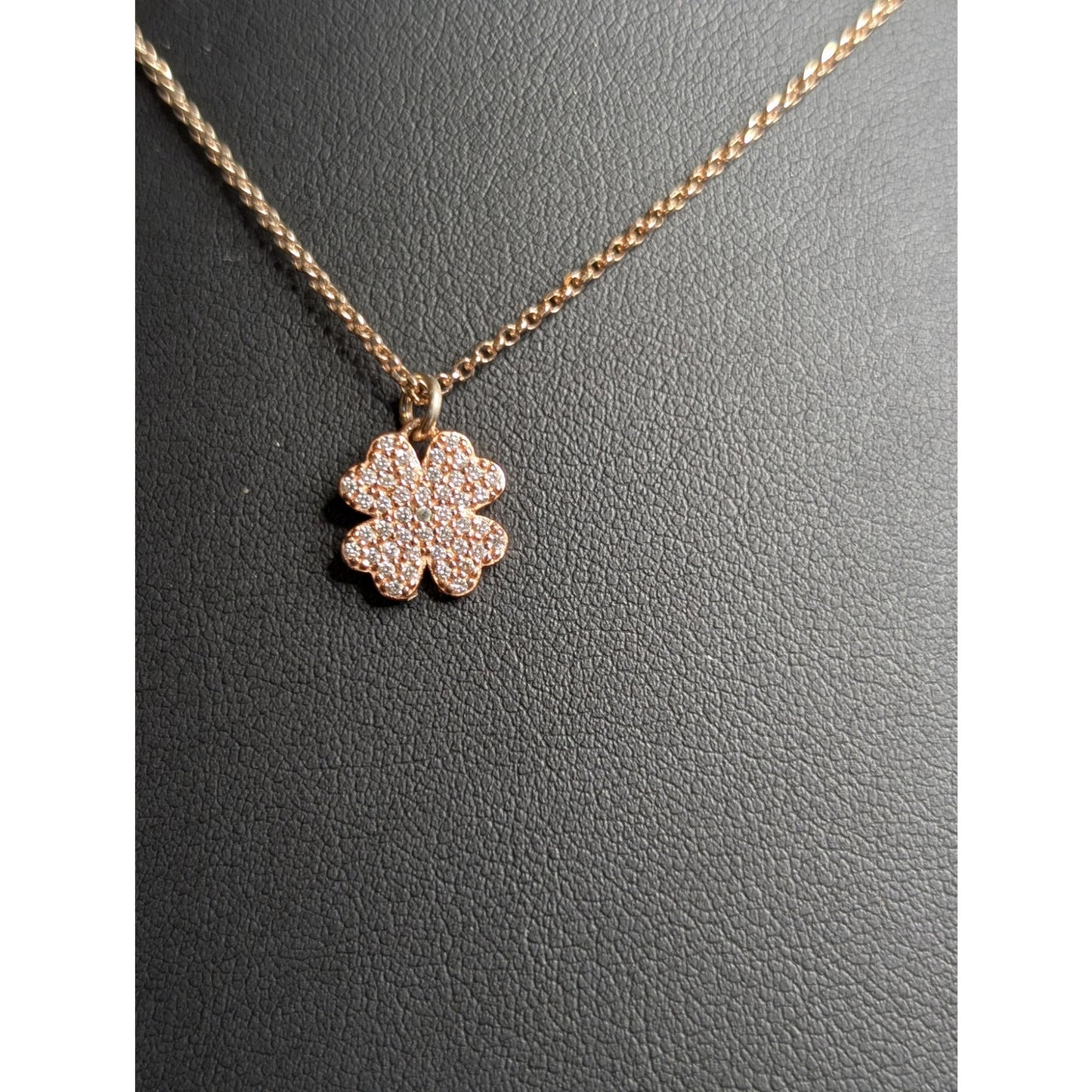 925 Rose Gold Tone Rhinestone Shamrock Pendant 16" Necklace