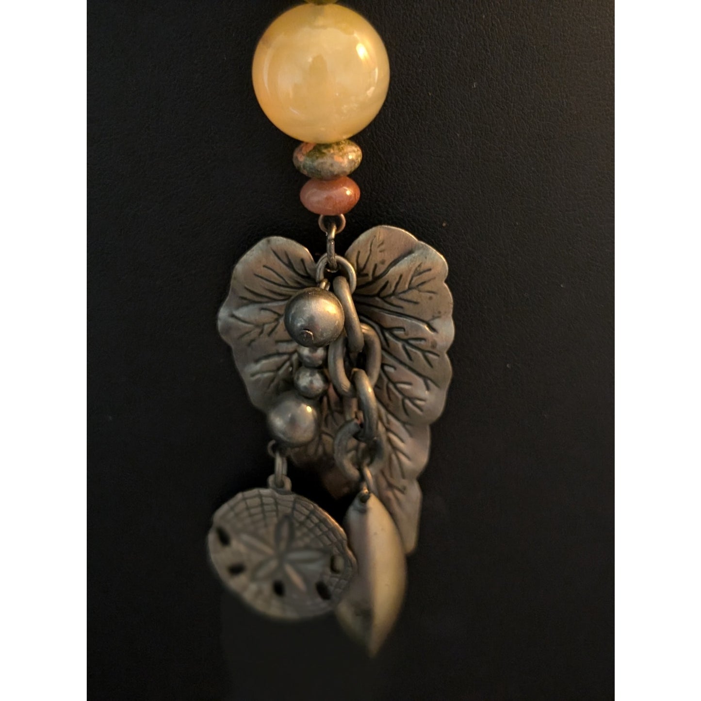 Earth Tones Agate Stone Bead Boho Tribal Bronze Charm Dangles Necklace