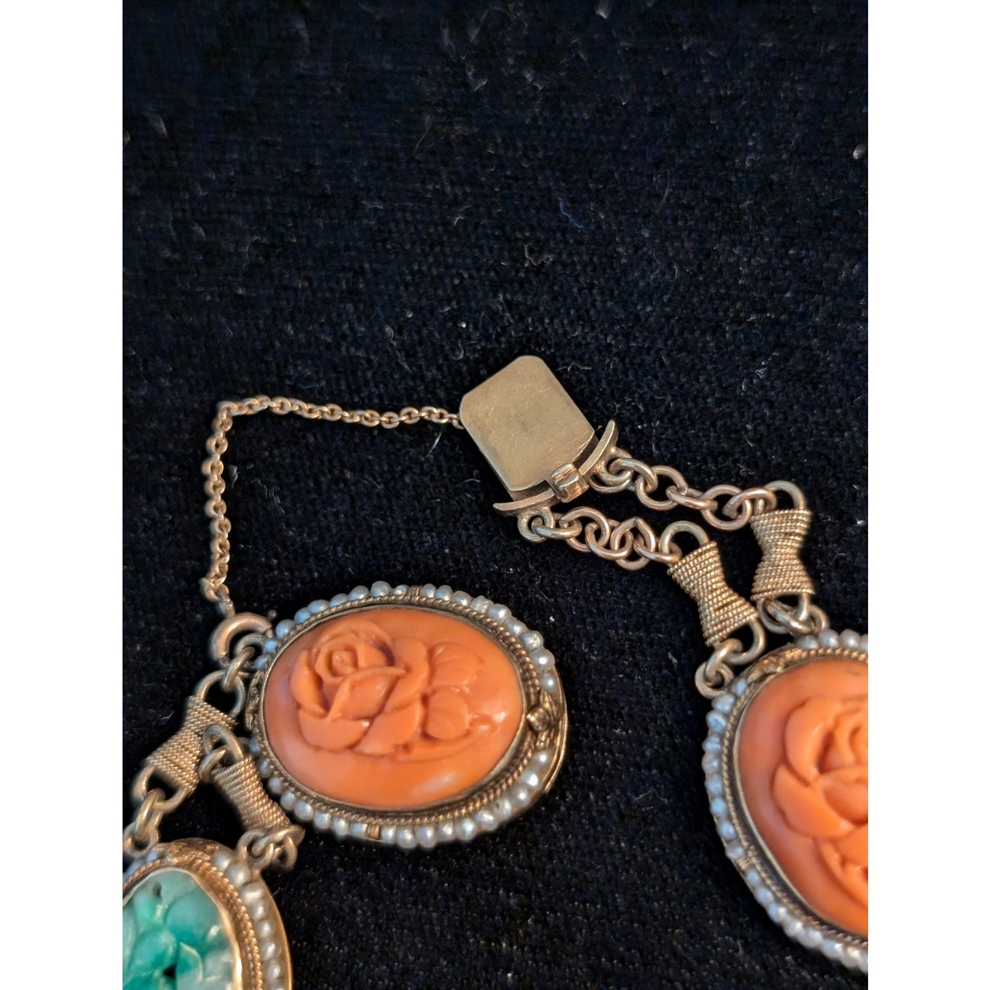 Antique Carved Green Jade Coral & Seed Pearl 14k Yellow Gold Bracelet