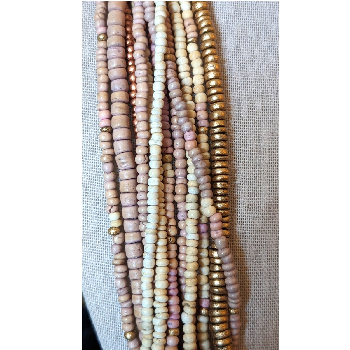 Vintage Twelve Strand Guilded Wood Bead Necklace W/ Hook Clasp