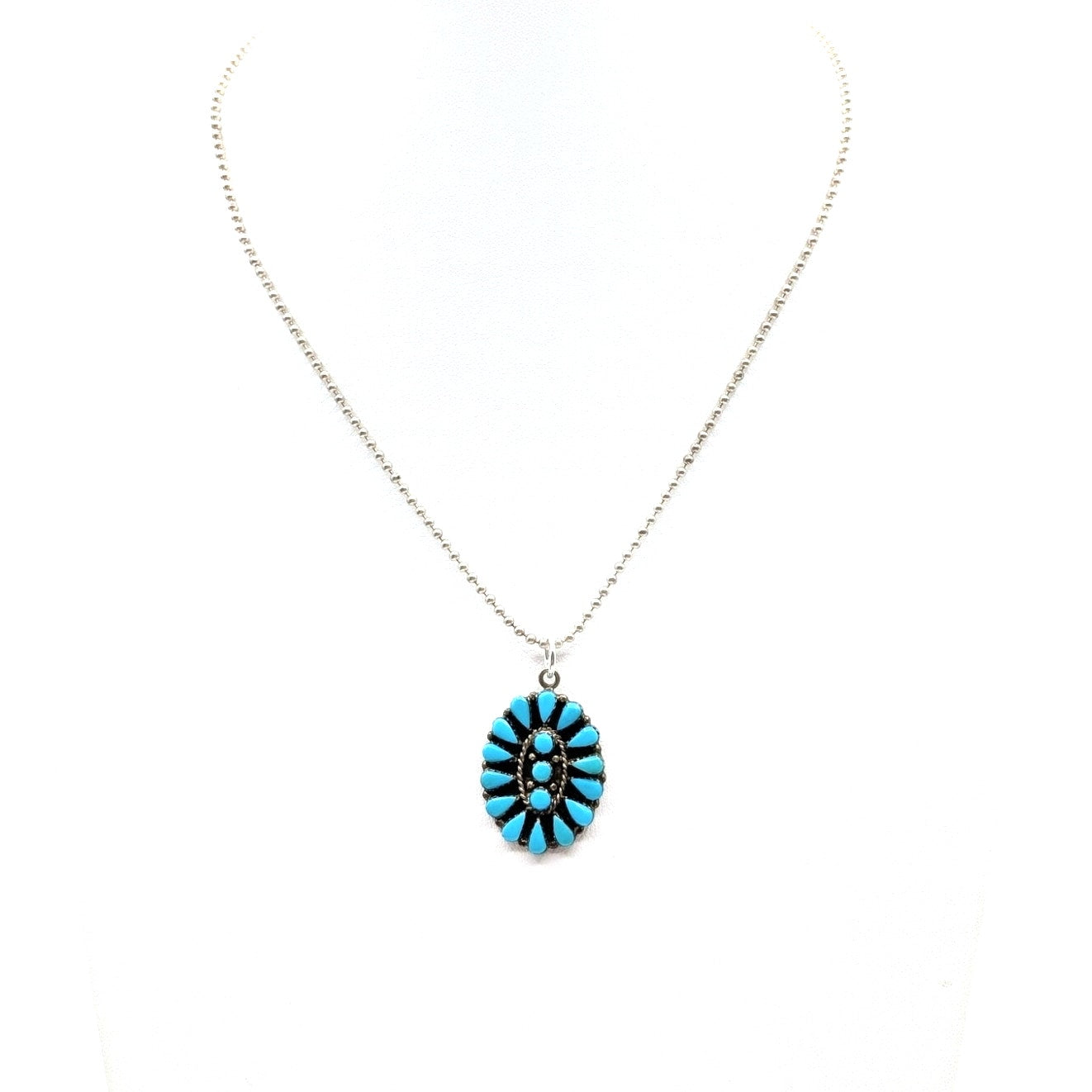 Vtg Zuni Turquoise Needlepoint Petit Point Sterling Pendant Ball Chain Necklace