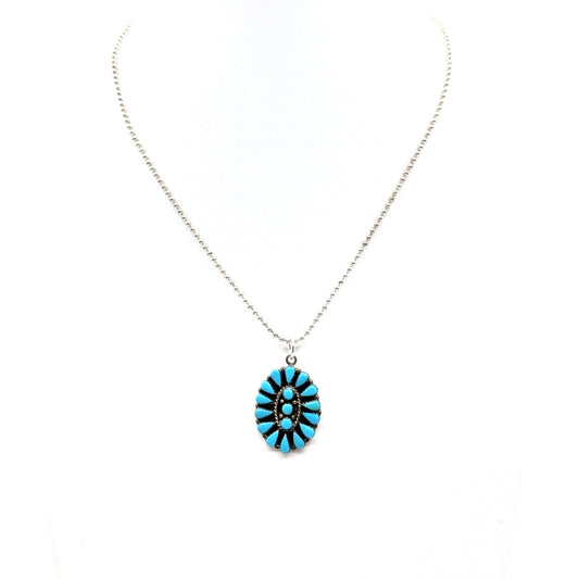 Vtg Zuni Turquoise Needlepoint Petit Point Sterling Pendant Ball Chain Necklace