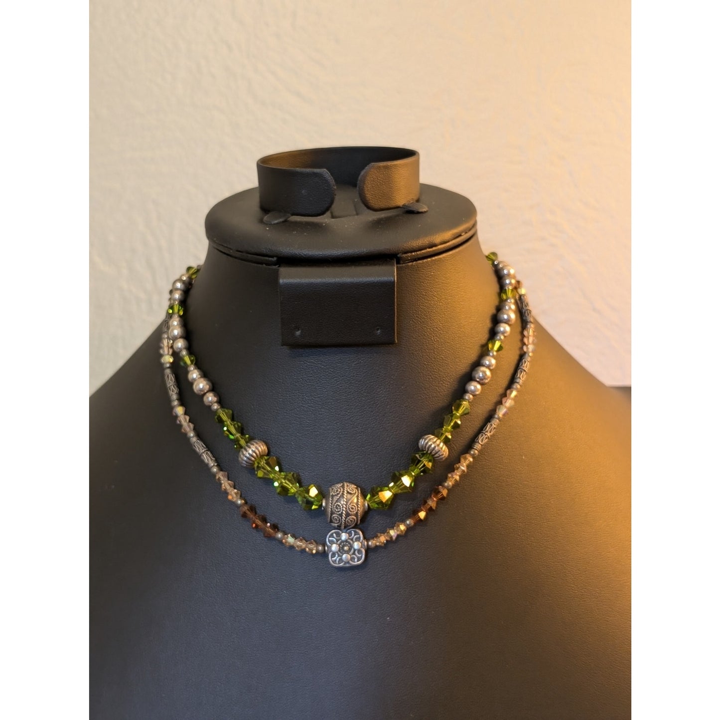 Two 925 Sterling Green Champagne Smoky Topaz Crystal Balinese Bead Necklaces
