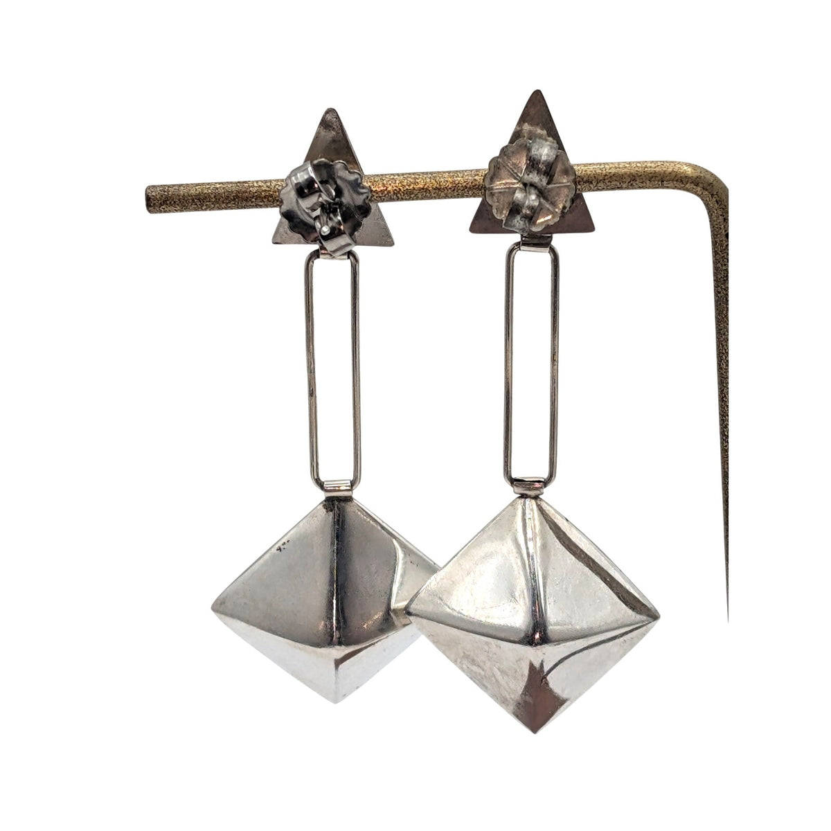 Vtg 925 Sterling Silver Geometric-Brutalist Style 3D Dangle Statement Earrings