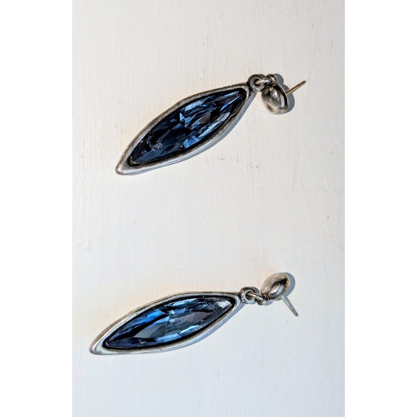 Uno de 50 Blue Swarovski Marquis Crystal Dangle Earrings (One Crystal Chipped)