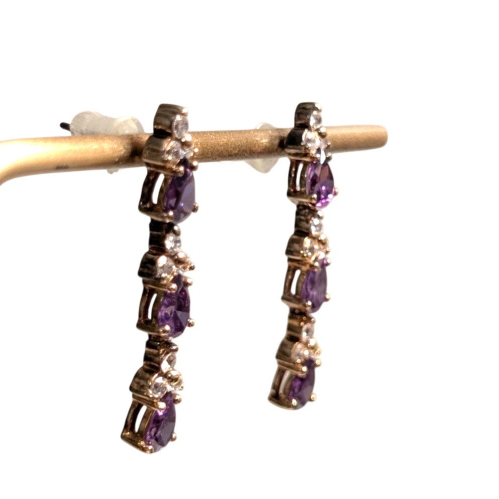 925 Sterling Gold Vermeil Triple Purple Crystal CZ Dangle 1.25" Long Earrings