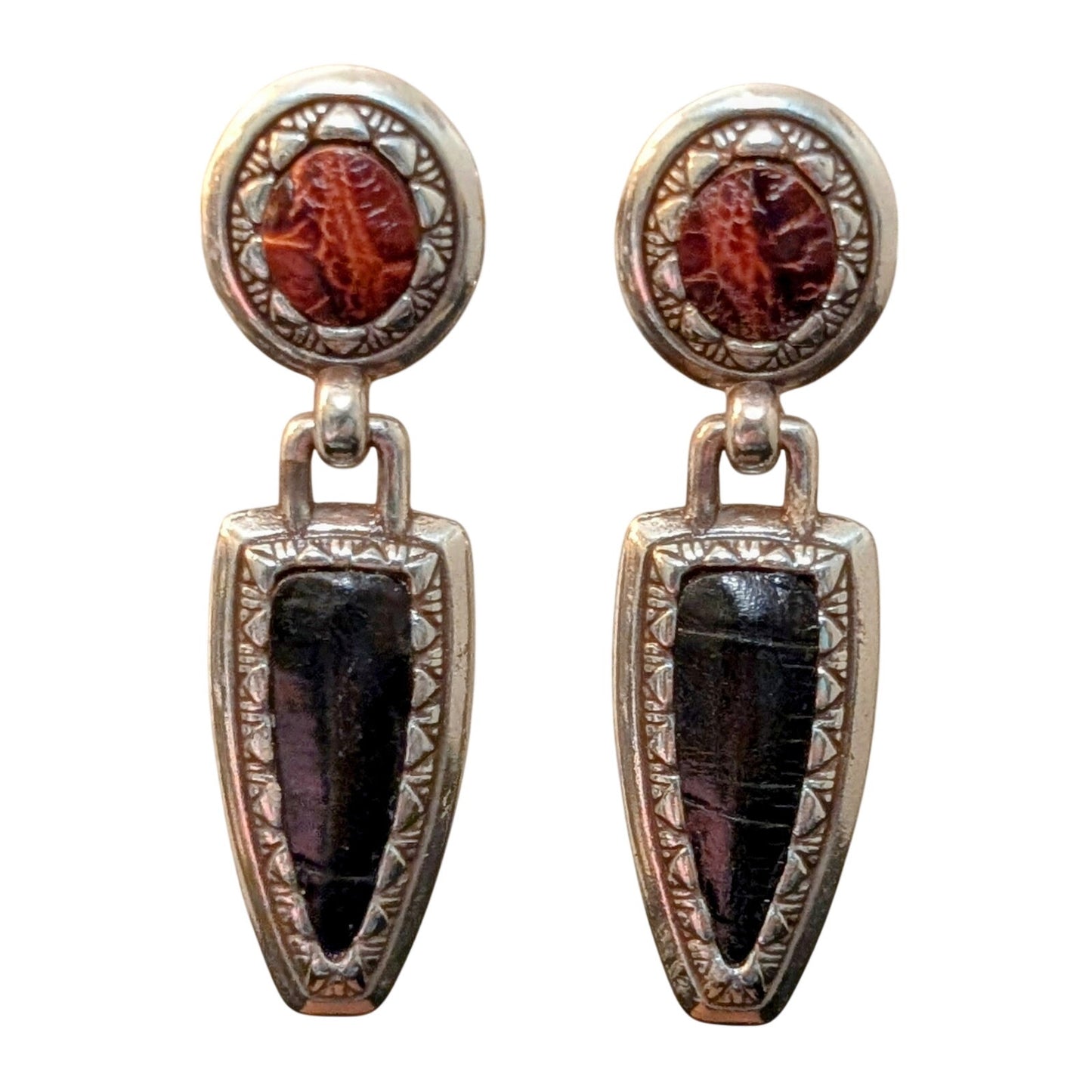 Brighton 'Phoenix' Faux Croc Brown & Black Silver Tone Dangle Pierced Earrings