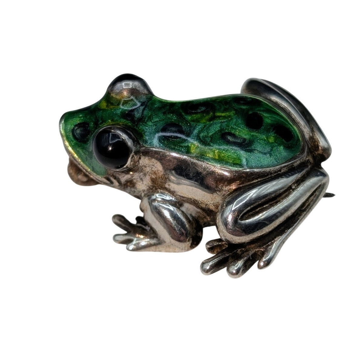 Vtg 925 Italy Sterling Hand-Painted Green Spotted Enamel Frog Brooch 11.14g