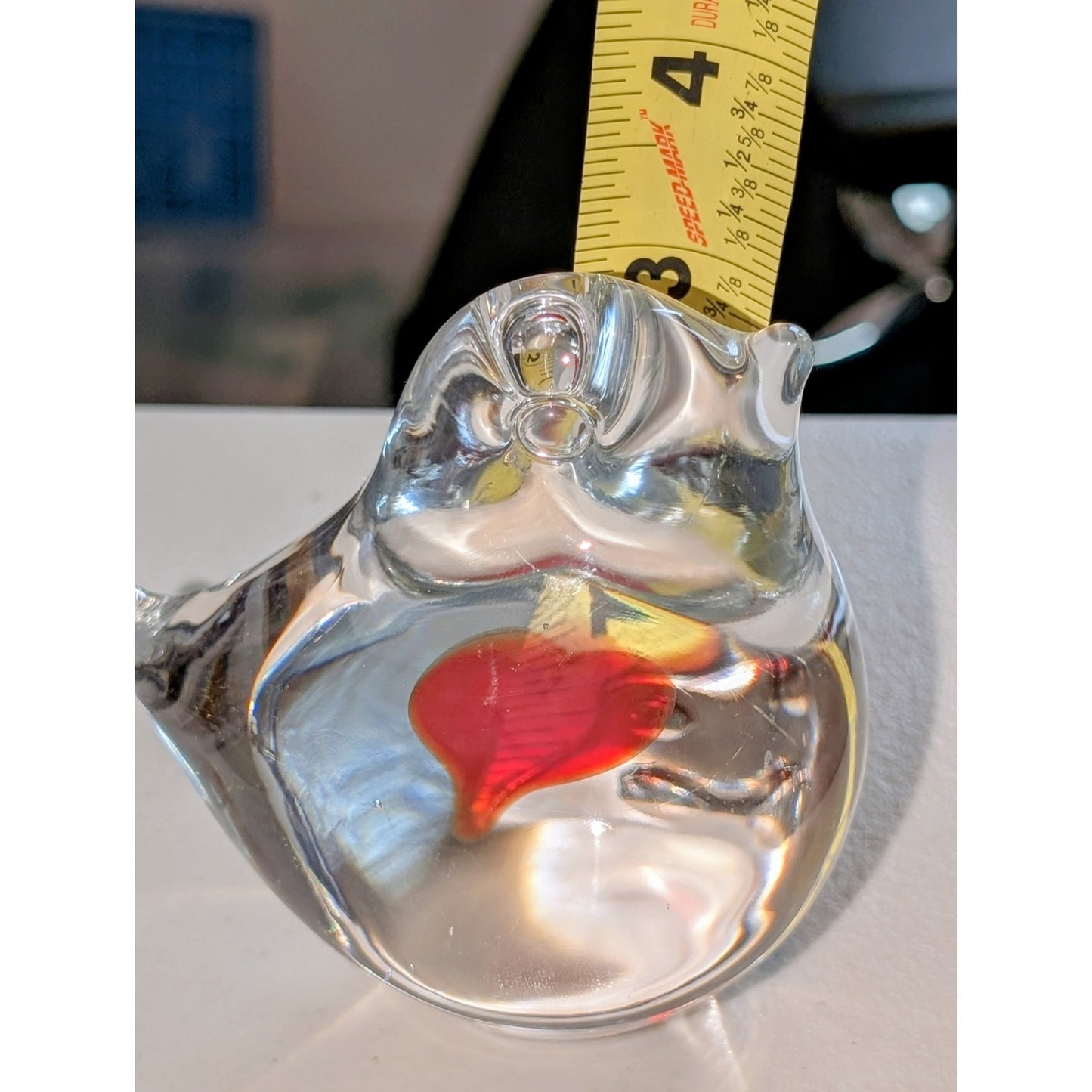Made in Sweden Clear Art Glass Bird W/ Red Heart Paperweight Figurine