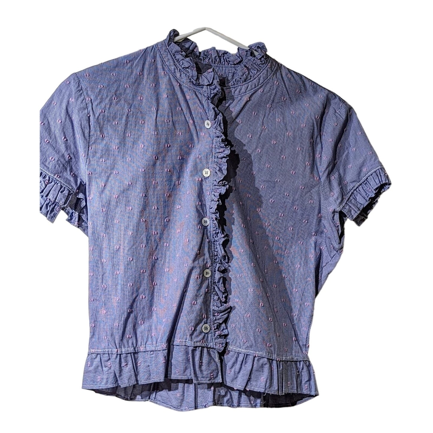 Court & Rowe Blue W/ Pink Dot Embroidered Ruffle Button Up Blouse Womens Sz S