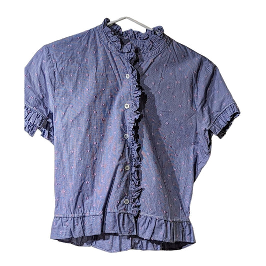 Court & Rowe Blue W/ Pink Dot Embroidered Ruffle Button Up Blouse Womens Sz S