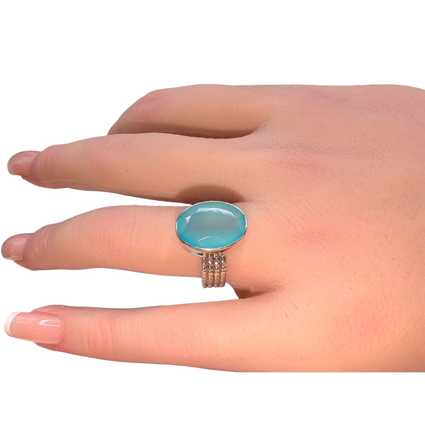 Aqua Chalcedony 925 Sterling Silver Four Twisted Strand Band Ring Size 7.75