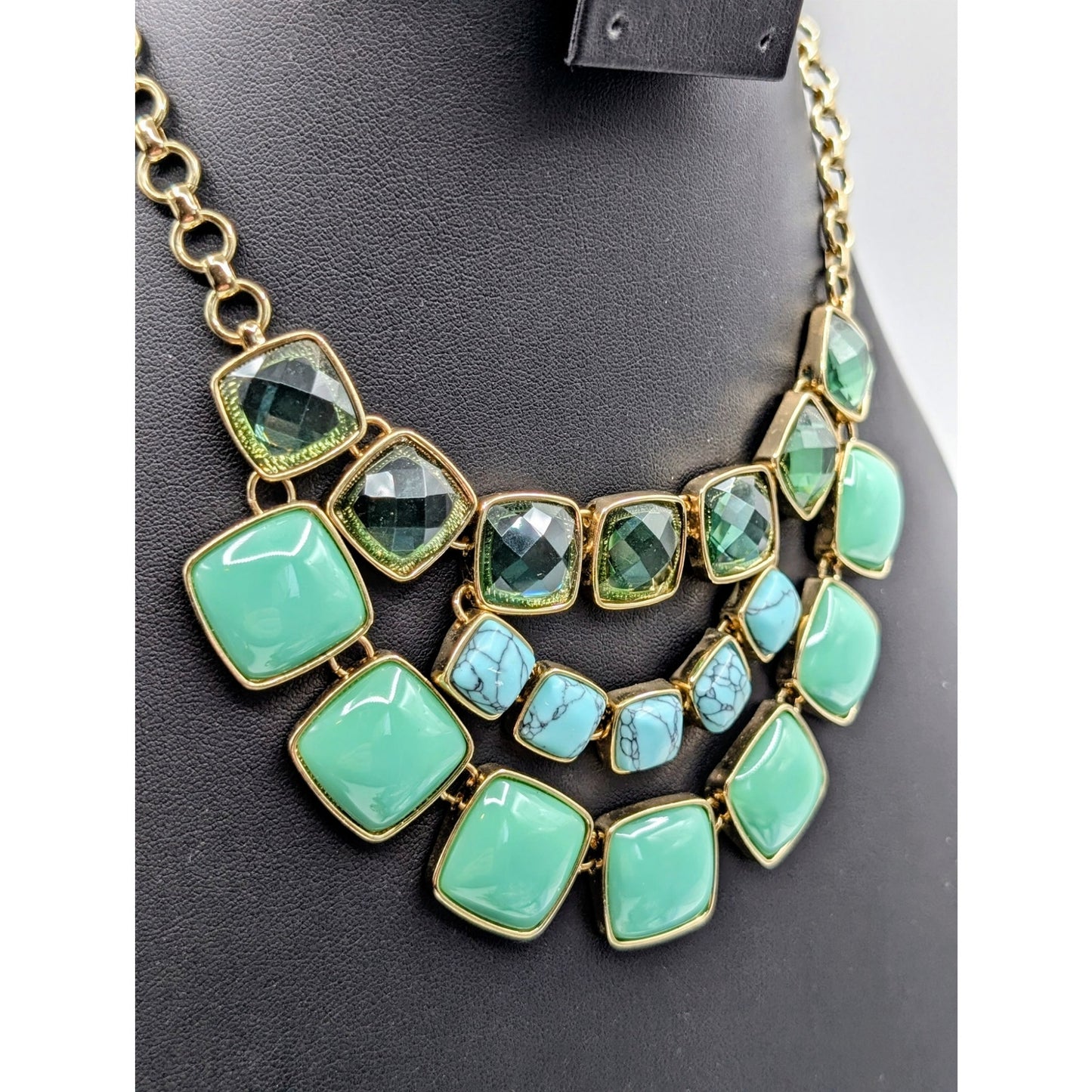 Anne Klein Triple Tier Blue Green Bead Gold Tone Toggle Clasp 17"-18" Necklace