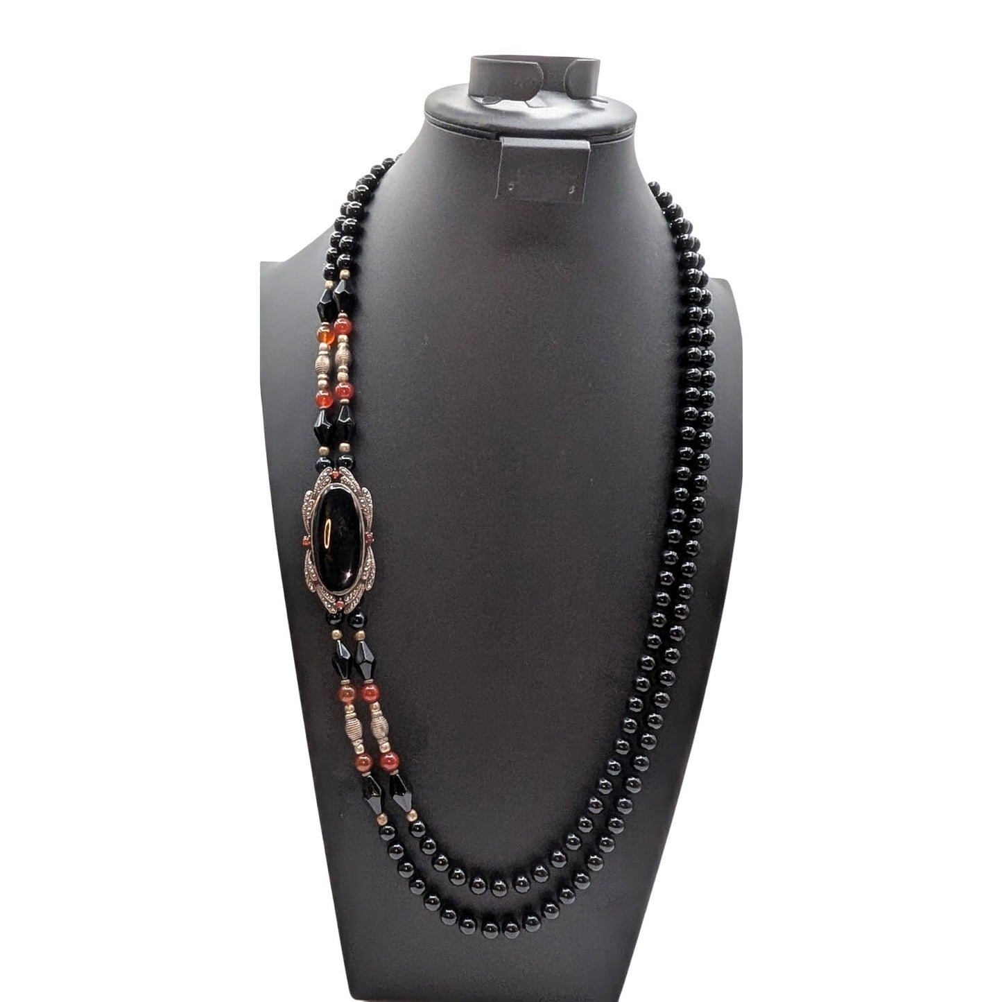 VTG Sterling Double Strand Black Onyx/Tourmaline Carnelian Marcasite Necklace