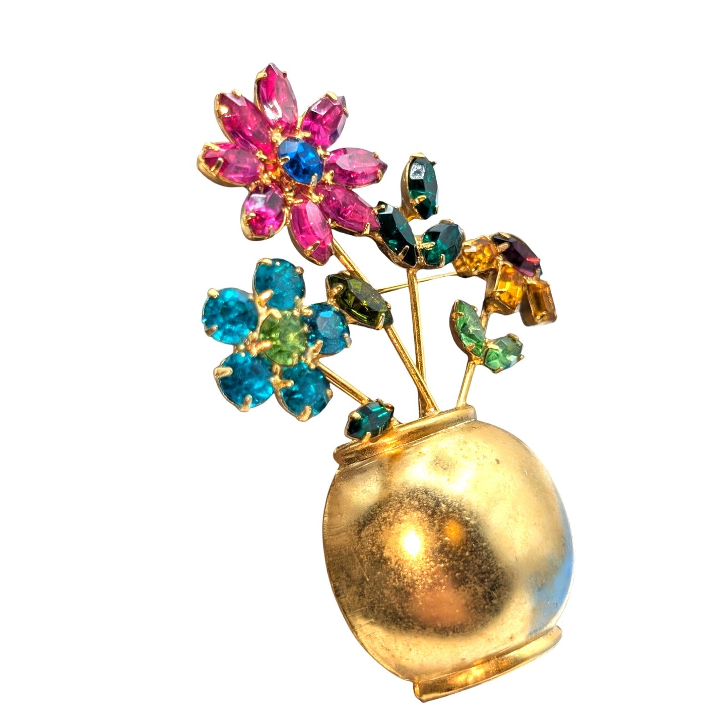 VTG Mid-Century Multi-Color Glass Stone Flowers in Gold Tone Flower Pot Brooch