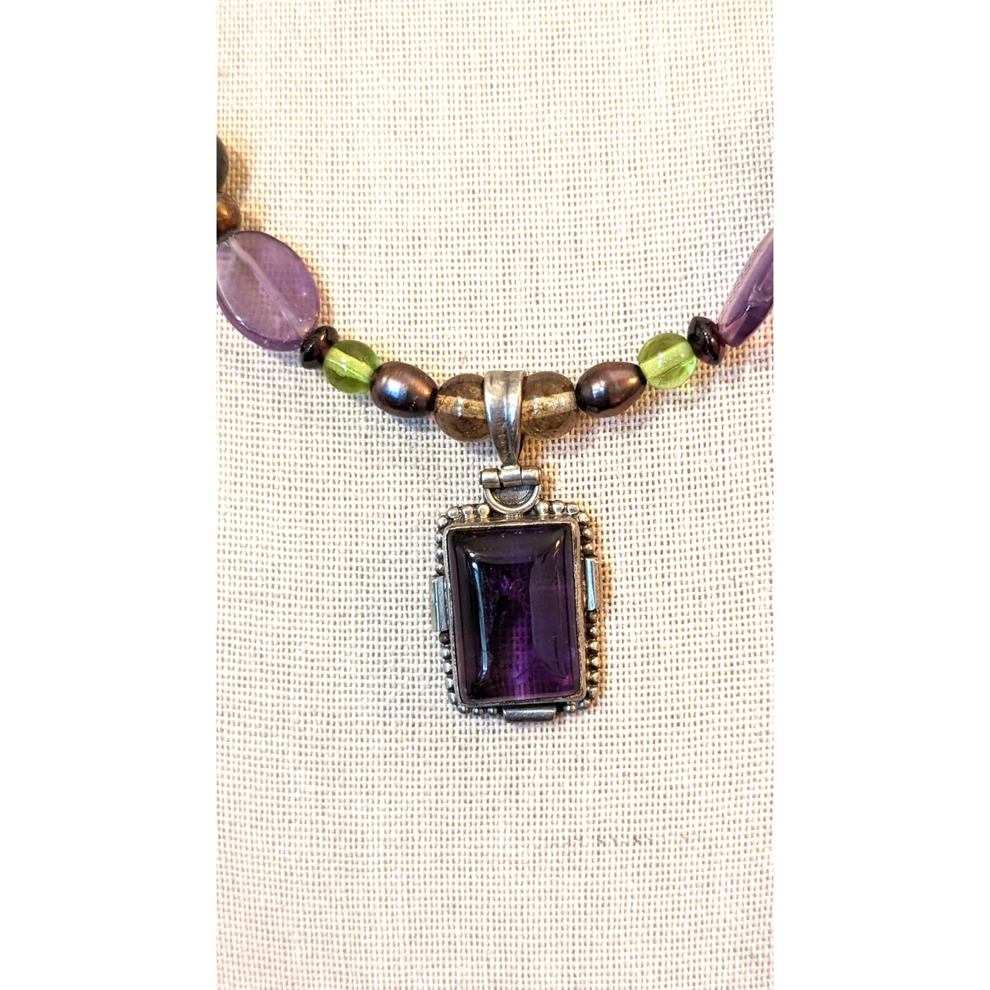 Amethyst Pearl Art Glass Cat's Eye 925 Bali Bead Necklace W/ Amethyst Pendant