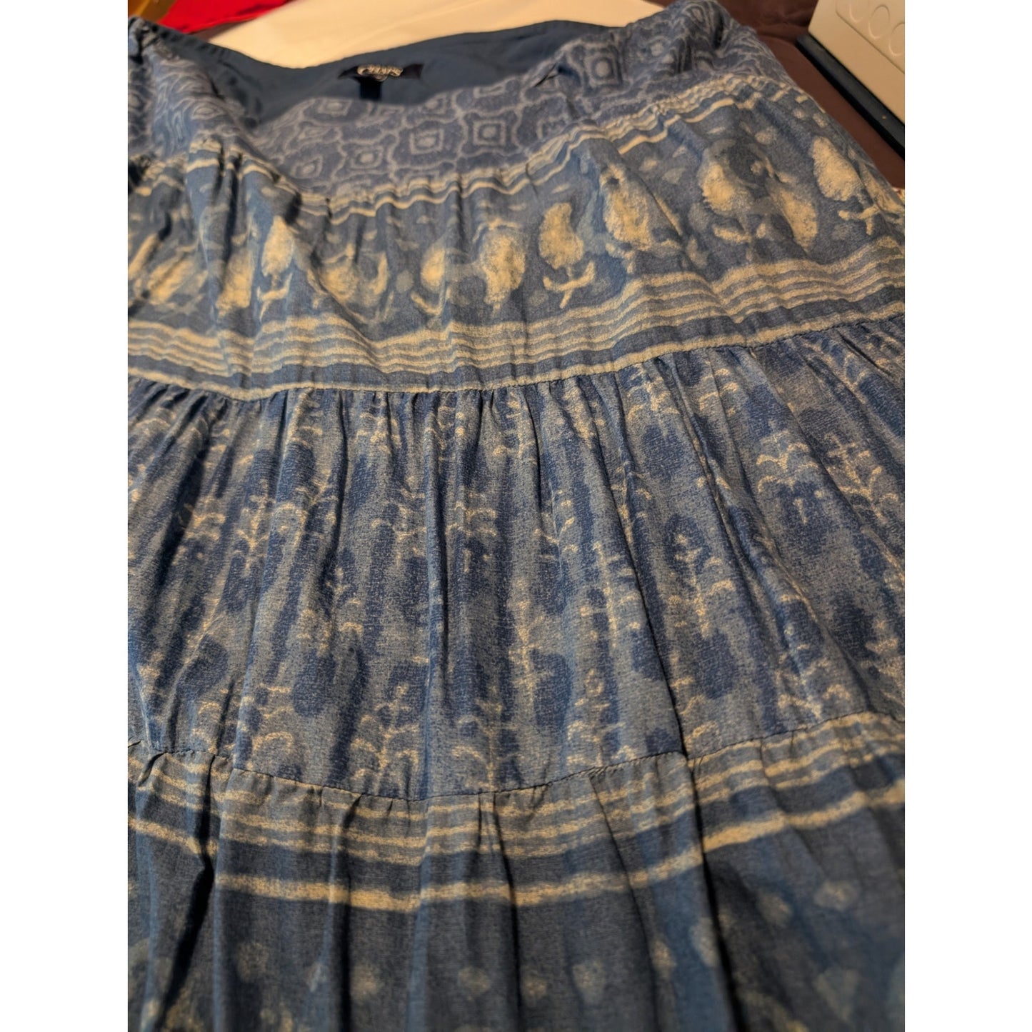 Chaps Boho Prairie Tiered Blue Cotton Shibori Tie Dye Pull On Midi Skirt Sz XL