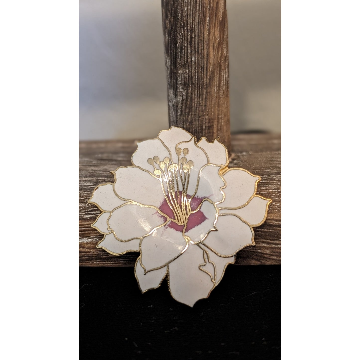 Vintage White Pink Gold Hibiscus Brooch