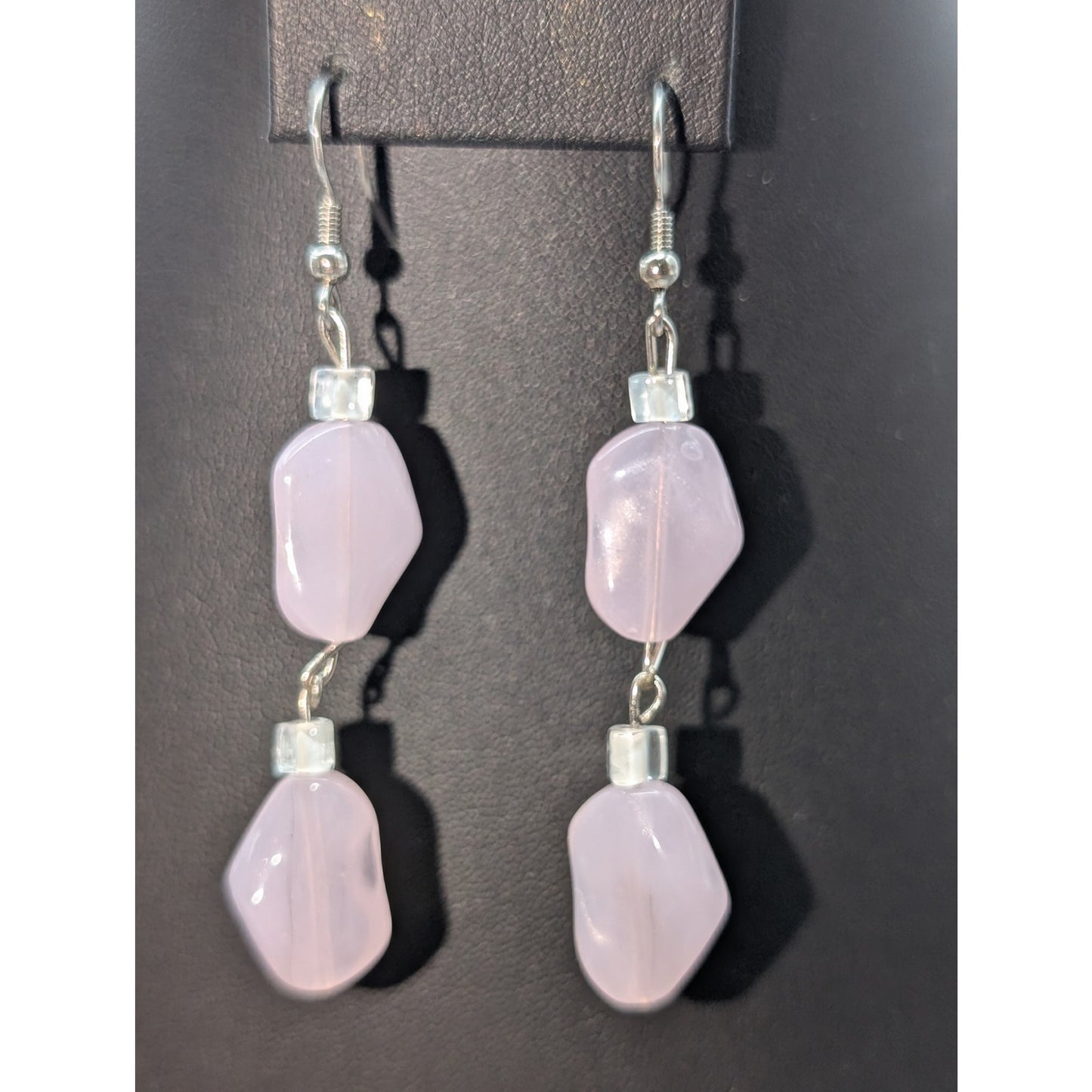 Petal Pink Glass & Square Crystal Bead 30" Necklace & 2.5" Dangle Earrings Set