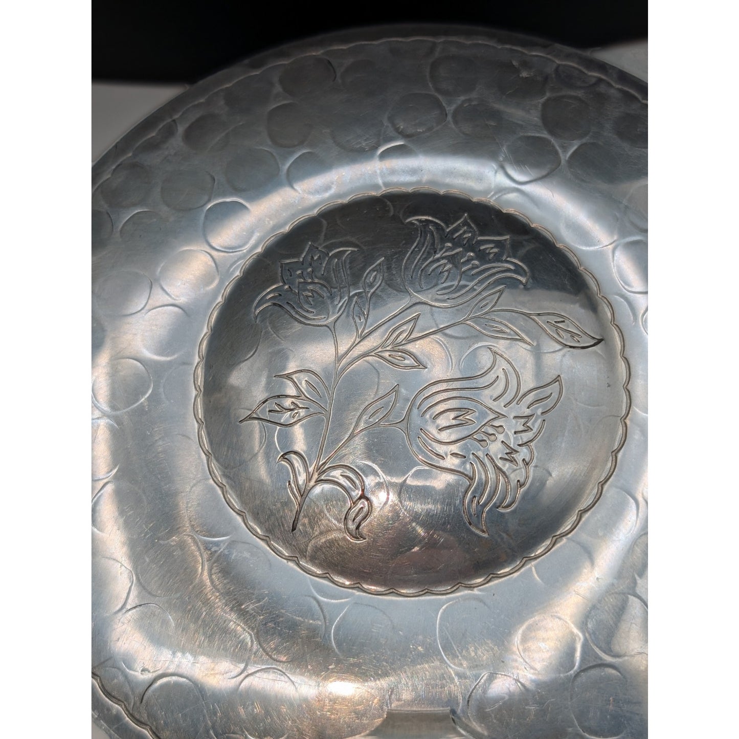 Vintage Hammered Aluminum Hand Forged Silent Butler Crumb Catcher Floral