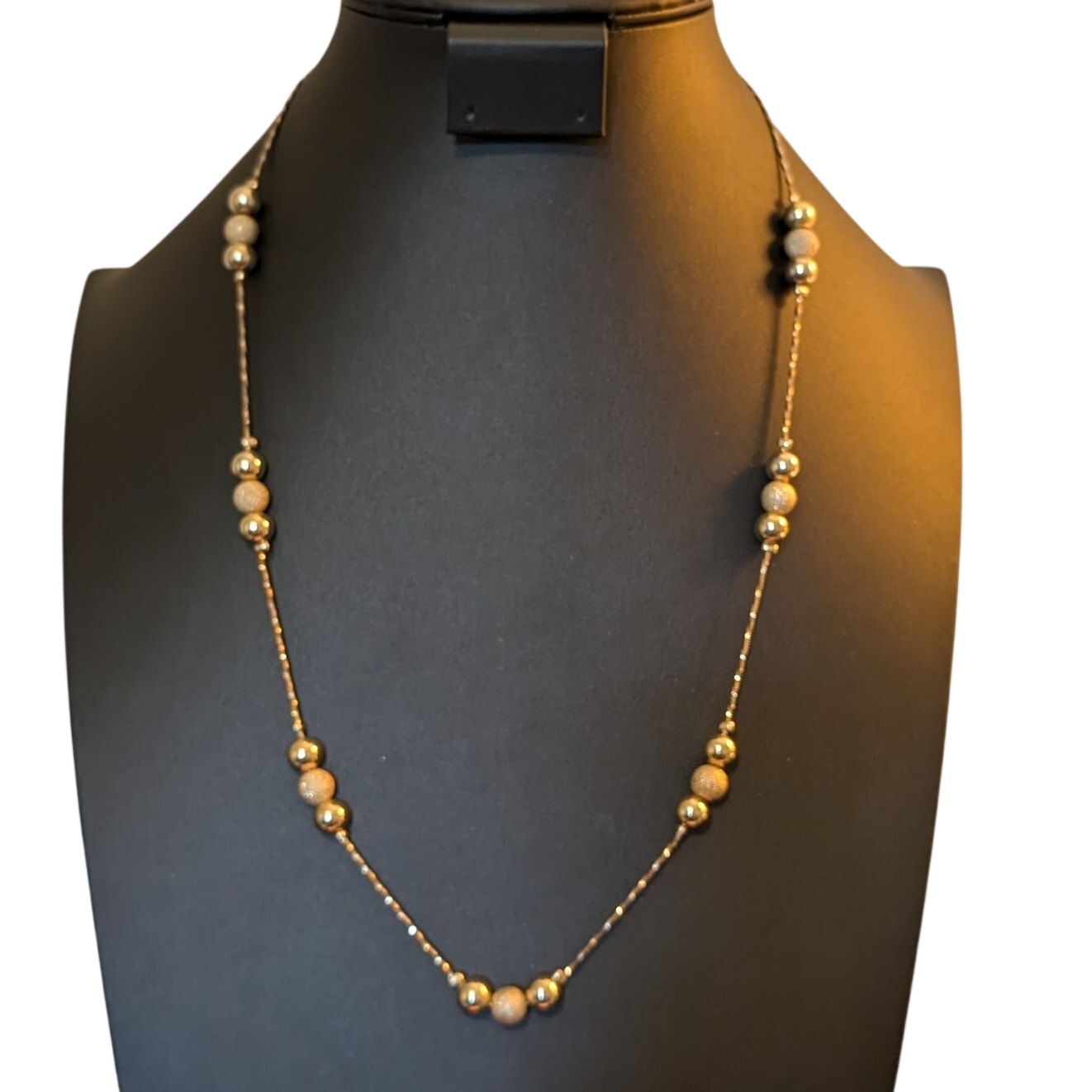 Vtg Etienne Aigner Textured & Polished 3 Bead Station Two Tone Chain Necklace