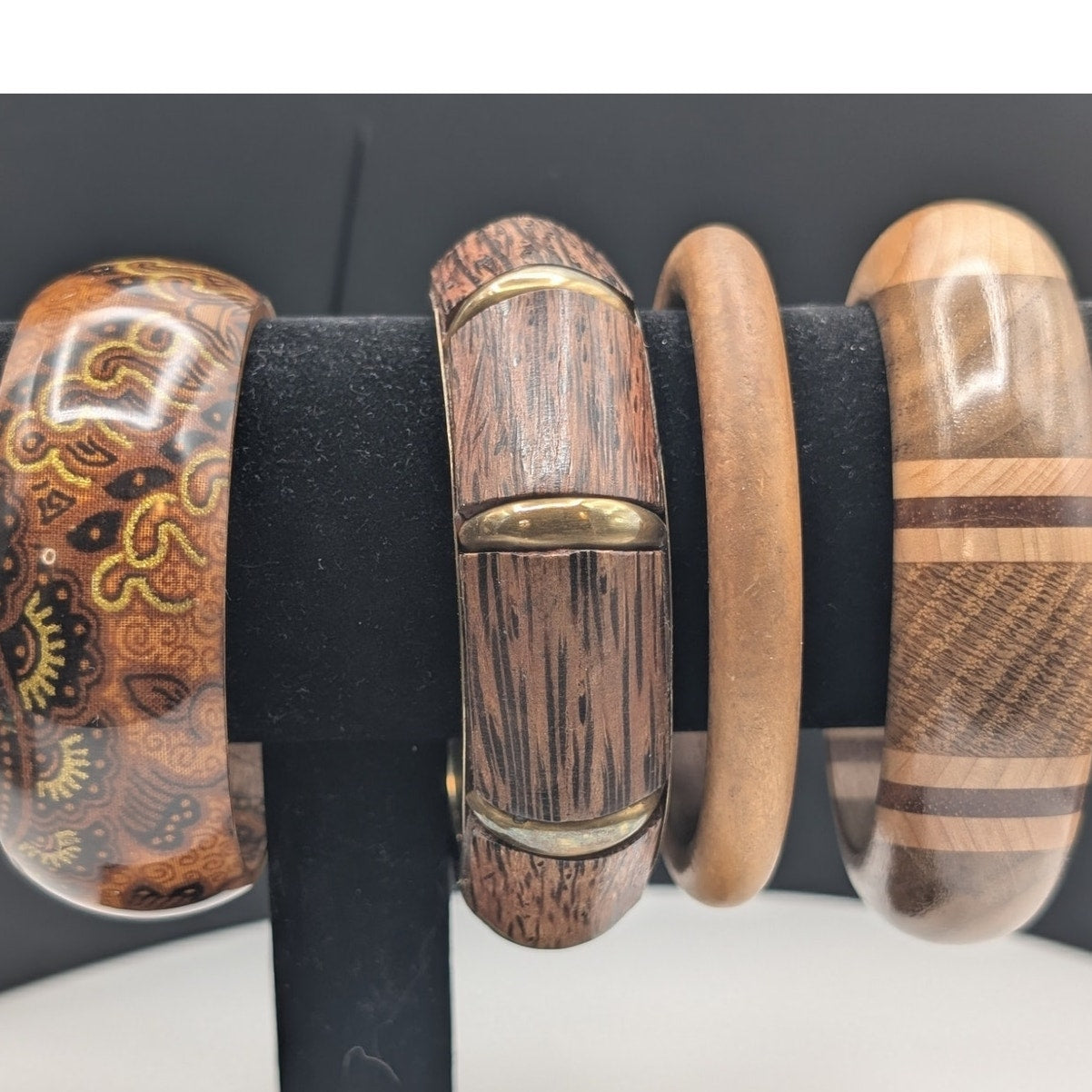 Lot of Four Wood/Wood Grain/Floral Print Brown Bangle Bracelets